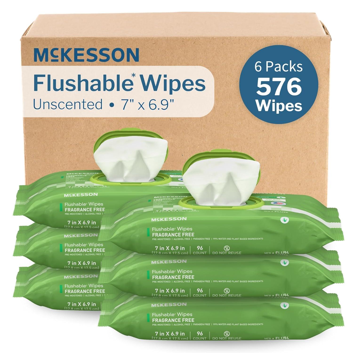 image:imageMcKesson Flushable Adult Wet Wipes 576 Wipes 6 Pack of 96 Aloe amp Vitamin E PlantBased Cleansing Wipes ScentedUnscented