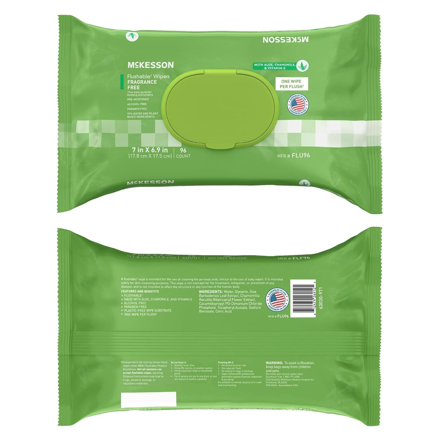image:imageMcKesson Flushable Adult Wet Wipes 576 Wipes 6 Pack of 96 Aloe amp Vitamin E PlantBased Cleansing Wipes ScentedUnscented