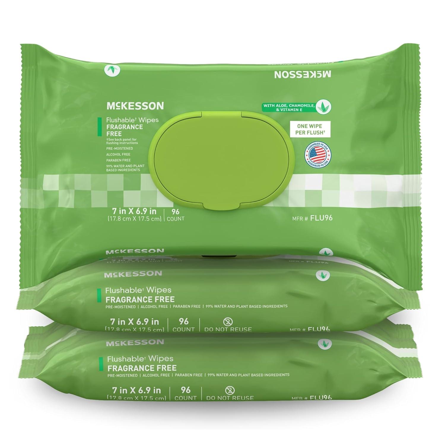 image:imageMcKesson Flushable Adult Wet Wipes 576 Wipes 6 Pack of 96 Aloe amp Vitamin E PlantBased Cleansing Wipes ScentedUnscented