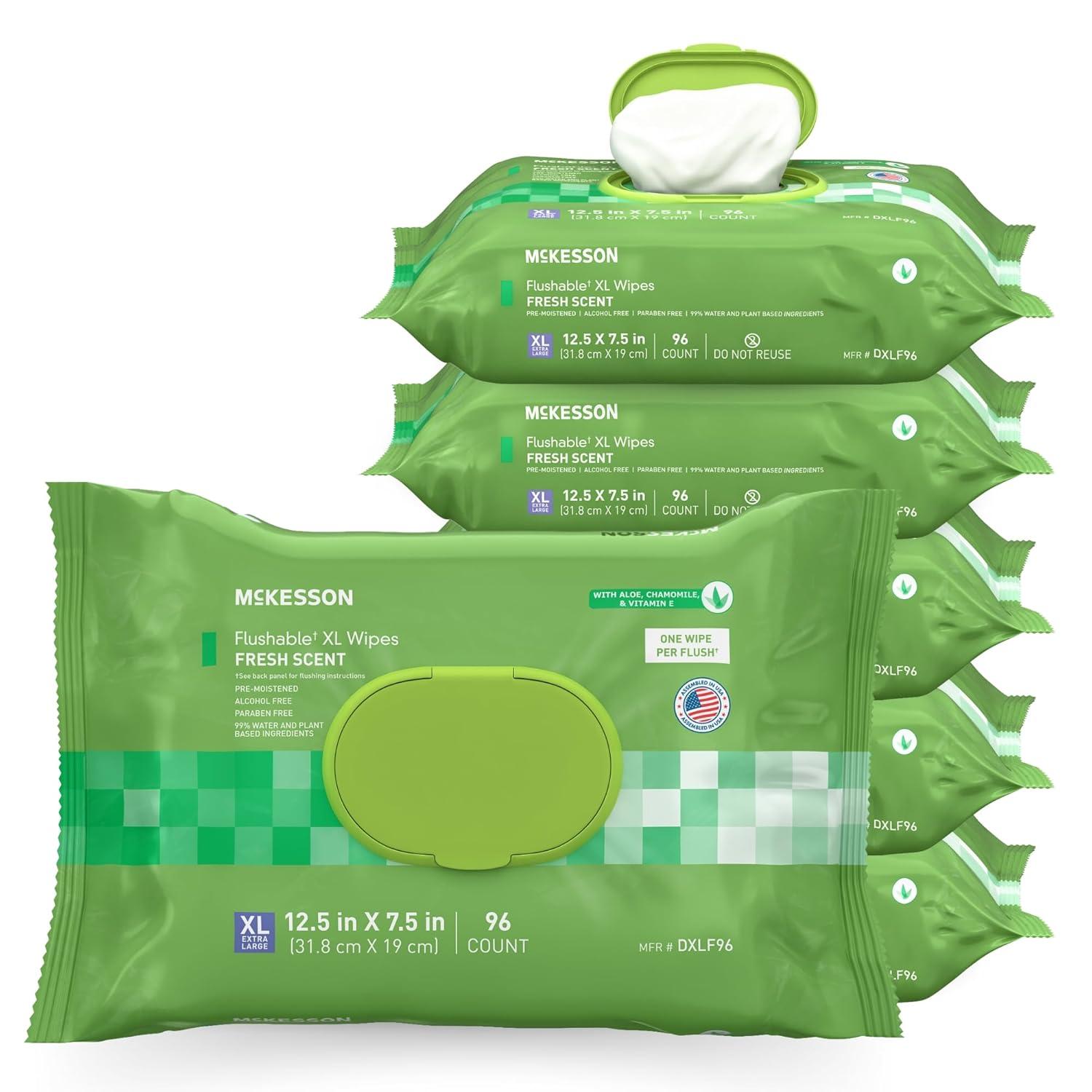 image:imageMcKesson Flushable Adult Wet Wipes XL 288 Wipes 3 Pack of 96 Aloe amp Vitamin E PlantBased Cleansing Wipes Scented Extra LargeScented