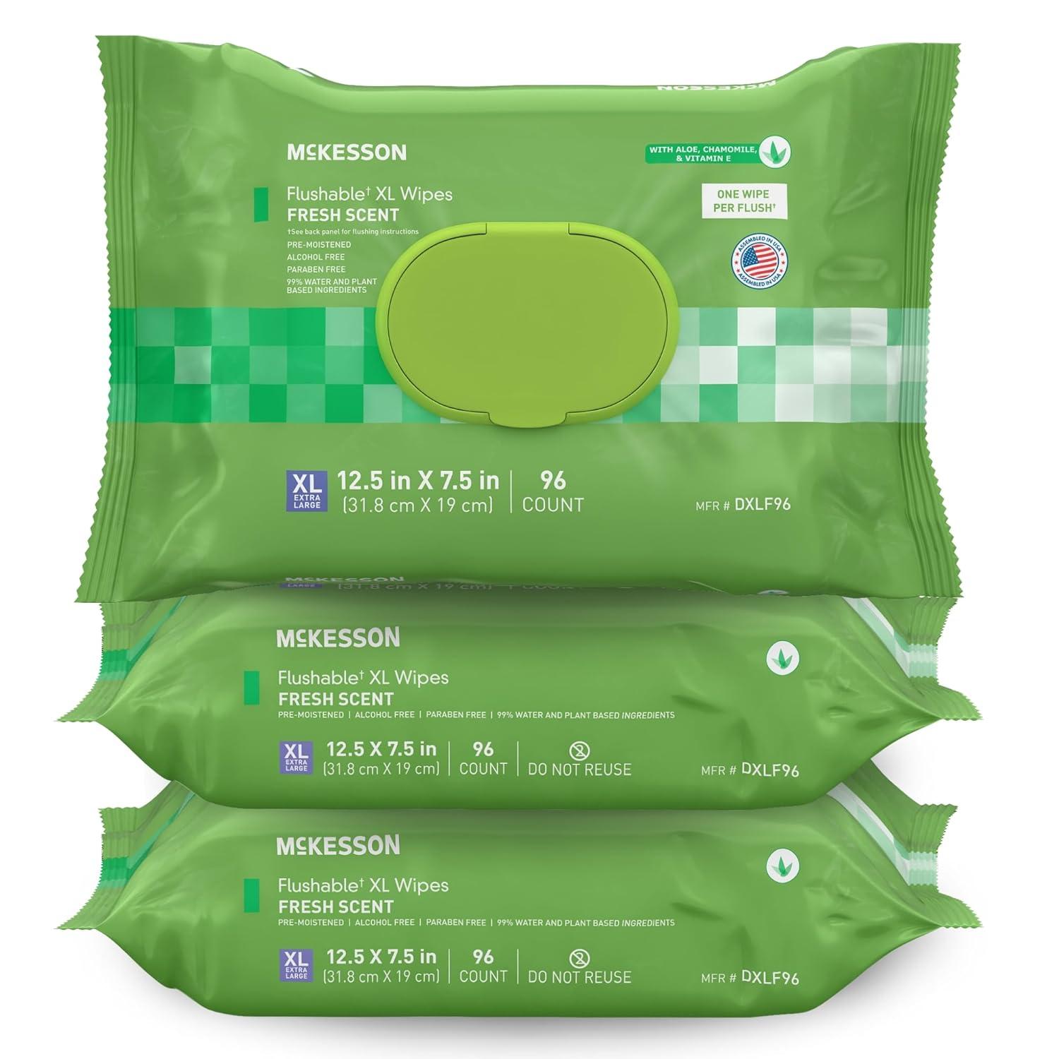 image:imageMcKesson Flushable Adult Wet Wipes XL 288 Wipes 3 Pack of 96 Aloe amp Vitamin E PlantBased Cleansing Wipes Scented Extra LargeScented