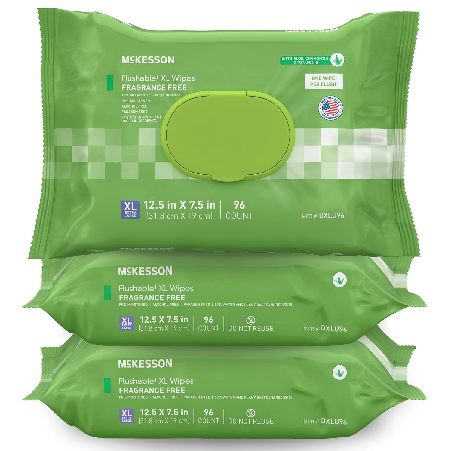 image:imageMcKesson Flushable Adult Wet Wipes XL 288 Wipes 3 Pack of 96 Aloe amp Vitamin E PlantBased Cleansing Wipes Scented Extra LargeUnscented