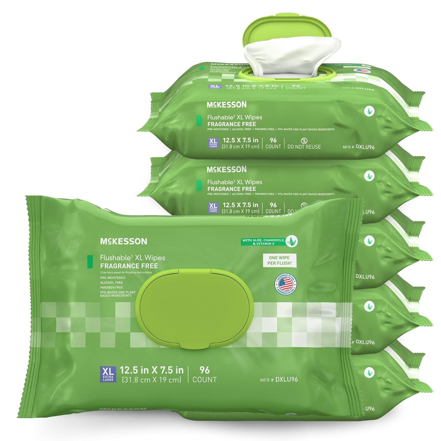 image:imageMcKesson Flushable Adult Wet Wipes XL 288 Wipes 3 Pack of 96 Aloe amp Vitamin E PlantBased Cleansing Wipes Scented Extra LargeUnscented