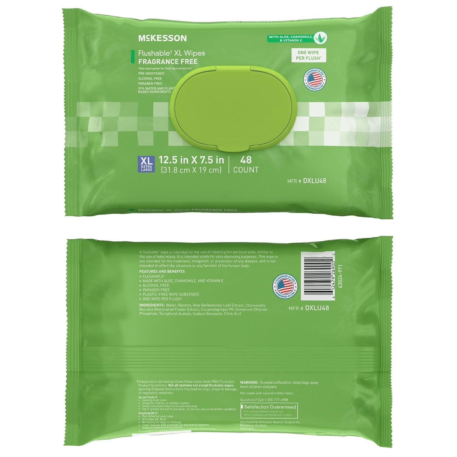 image:imageMcKesson Flushable Adult Wet Wipes XL 576 Wipes 12 Pack of 48 Aloe amp Vitamin E PlantBased Cleansing Wipes Unscented Extra Large48 Count Pack of 12