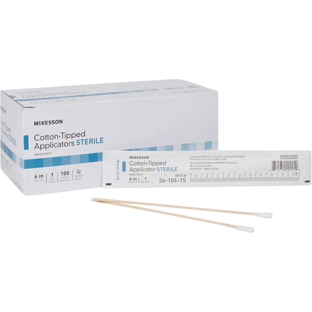 image:imageMcKesson Cotton Tipped Applicator 6 in 100 Count Long Sterile Medical Swabs Individually Wrapped Wood Shaft6 Inch Pack of 1