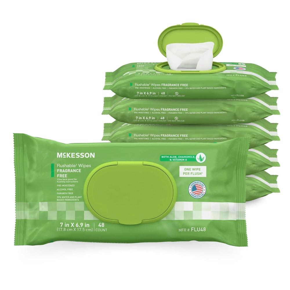 image:imageMcKesson Flushable Adult Wet Wipes 288 Wipes 6 Pack of 48 Aloe amp Vitamin E PlantBased Cleansing Wipes Unscented