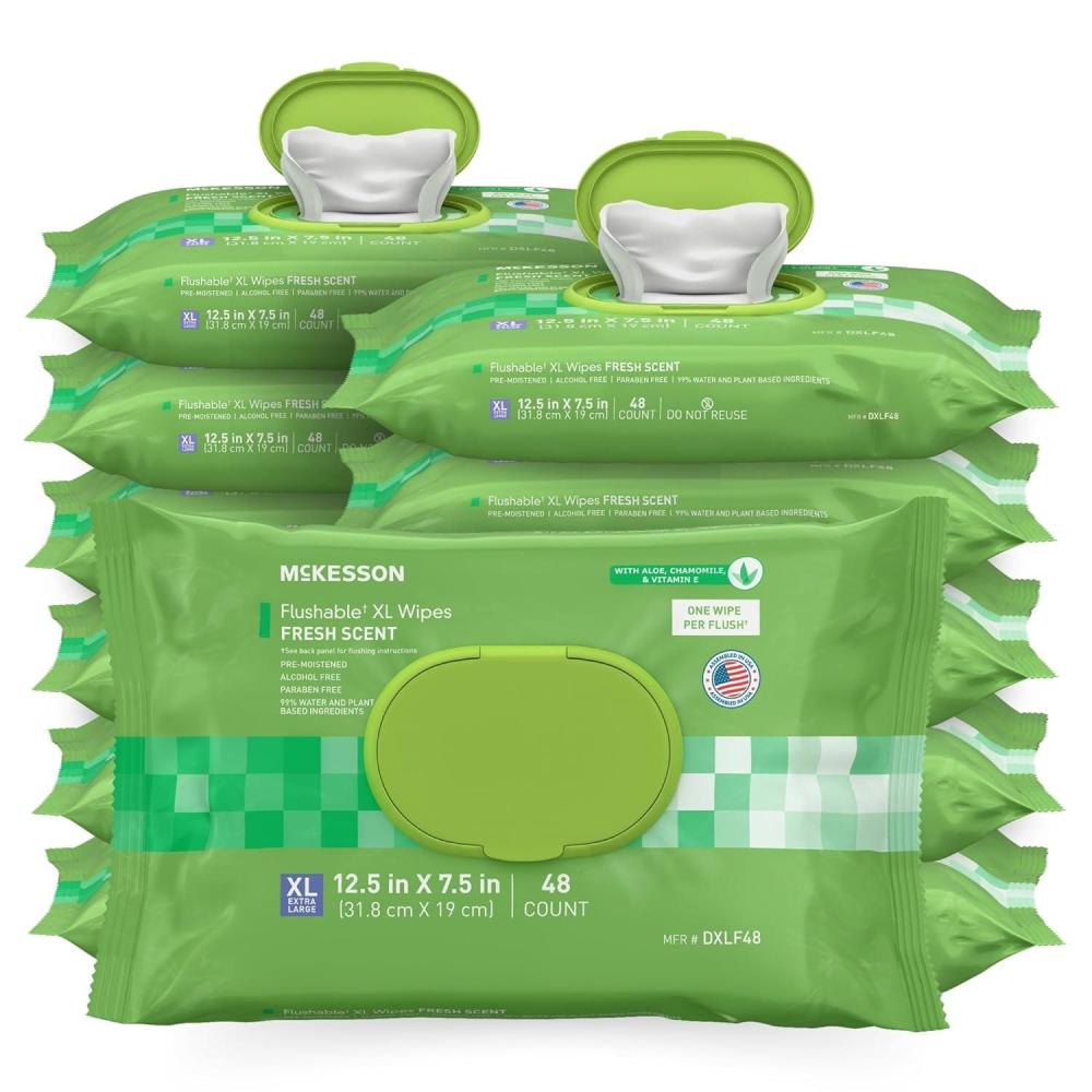 image:imageMcKesson Flushable Adult Wet Wipes XL 144 Wipes 3 Pack of 48 Aloe amp Vitamin E PlantBased Cleansing Wipes Unscented Extra LargeScented