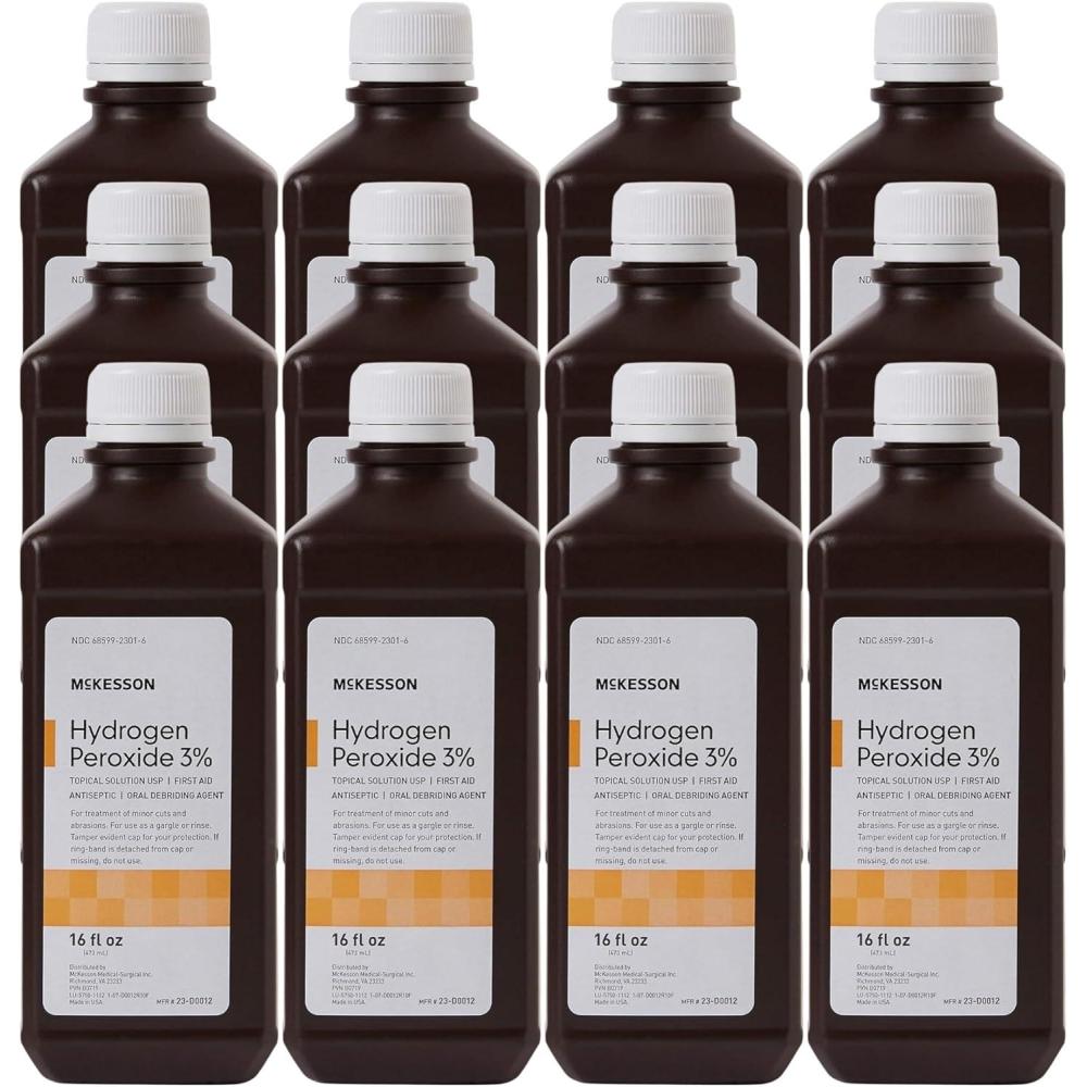 image:imageMcKesson Hydrogen Peroxide 3 1 Gallon Pack of 1 Topical Solution USP First Aid Antiseptic Oral Debriding Agent16 Fl Oz Pack of 12