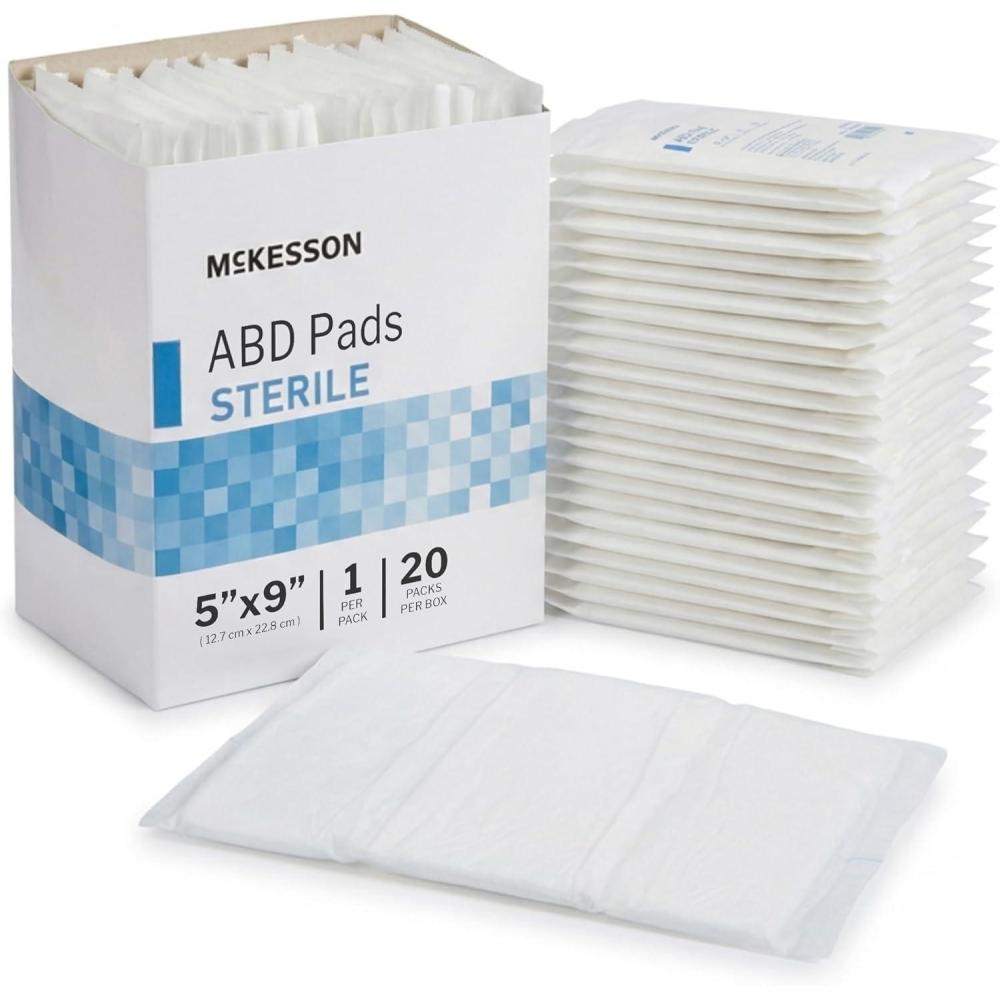 image:imageMcKesson Sterile Abdominal ABD Pads  20Pack 5 x 9 Inches  Extra Absorbent amp Thick Individually Wrapped Wound Dressing First AId Pads  SurgicalGrade Nonstick for Heavy Leakage Post Op5x9 Inch 20 Pads