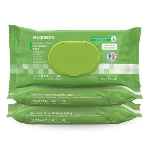 McKesson Adult Flushable Wet Wipes – 144 Count (3 Pack of 48) – Aloe & Vitamin E, Plant-Based Cleansing Wipes, Unscented
