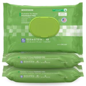 McKesson Flushable* Adult Wet Wipes XL – 144 Wipes (3 Pack of 48) – Aloe & Vitamin E, Plant-Based Cleansing Wipes, Unscented, Extra Large(Unscented)