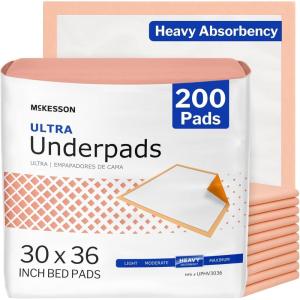 McKesson Underpads Disposable Bed Pads 30″ x 36″ [100 Count], Heavy Absorbency, Ultra Incontinence Chux Pads for Adults, Elderly, and Baby, Pee Pads(30 X 36 Inch (Pack of 200))
