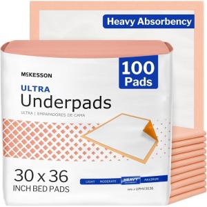 McKesson Underpads Disposable Bed Pads 30″ x 36″ [100 Count], Heavy Absorbency, Ultra Incontinence Chux Pads for Adults, Elderly, and Baby, Pee Pads(30×36 Inch (Pack of 100))