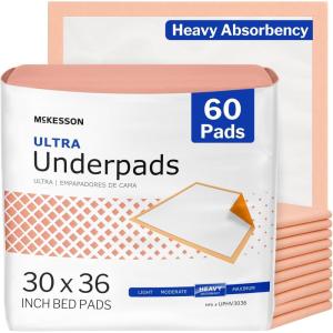 McKesson Underpads Disposable Bed Pads 30″ x 36″ [100 Count], Heavy Absorbency, Ultra Incontinence Chux Pads for Adults, Elderly, and Baby, Pee Pads(30×36 Inch (Pack of 60))
