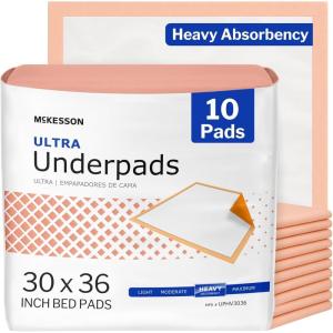 McKesson Underpads Disposable Bed Pads 30″ x 36″ [100 Count], Heavy Absorbency, Ultra Incontinence Chux Pads for Adults, Elderly, and Baby, Pee Pads(30×36 Inch (Pack of 10))