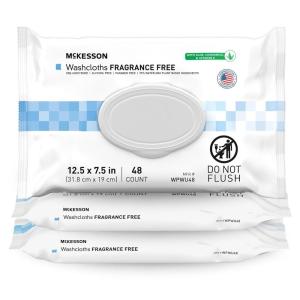McKesson Washcloth Wipes for Adults, Unscented (3 Pack, 144 Washcloths) Disposable Wash Cloths for Body – Fragrance-Free No-Rinse Formula – Good for Incontinence and Elderly – 48 Wipes Per Pack