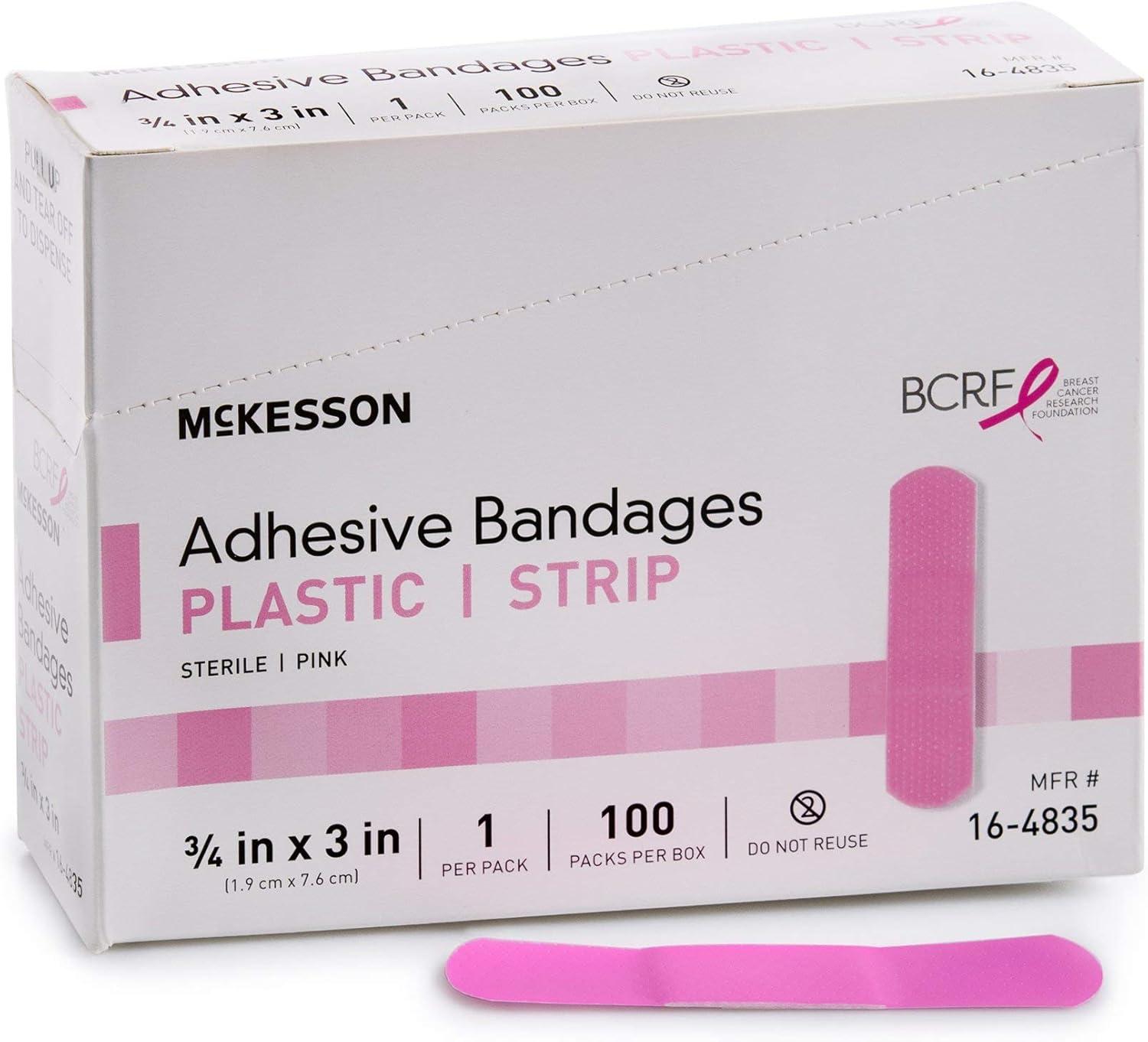 image:imageMcKesson Adhesive Bandages Sterile Fabric Strip Pink 34 in x 3 in 100 Count 1 Pack