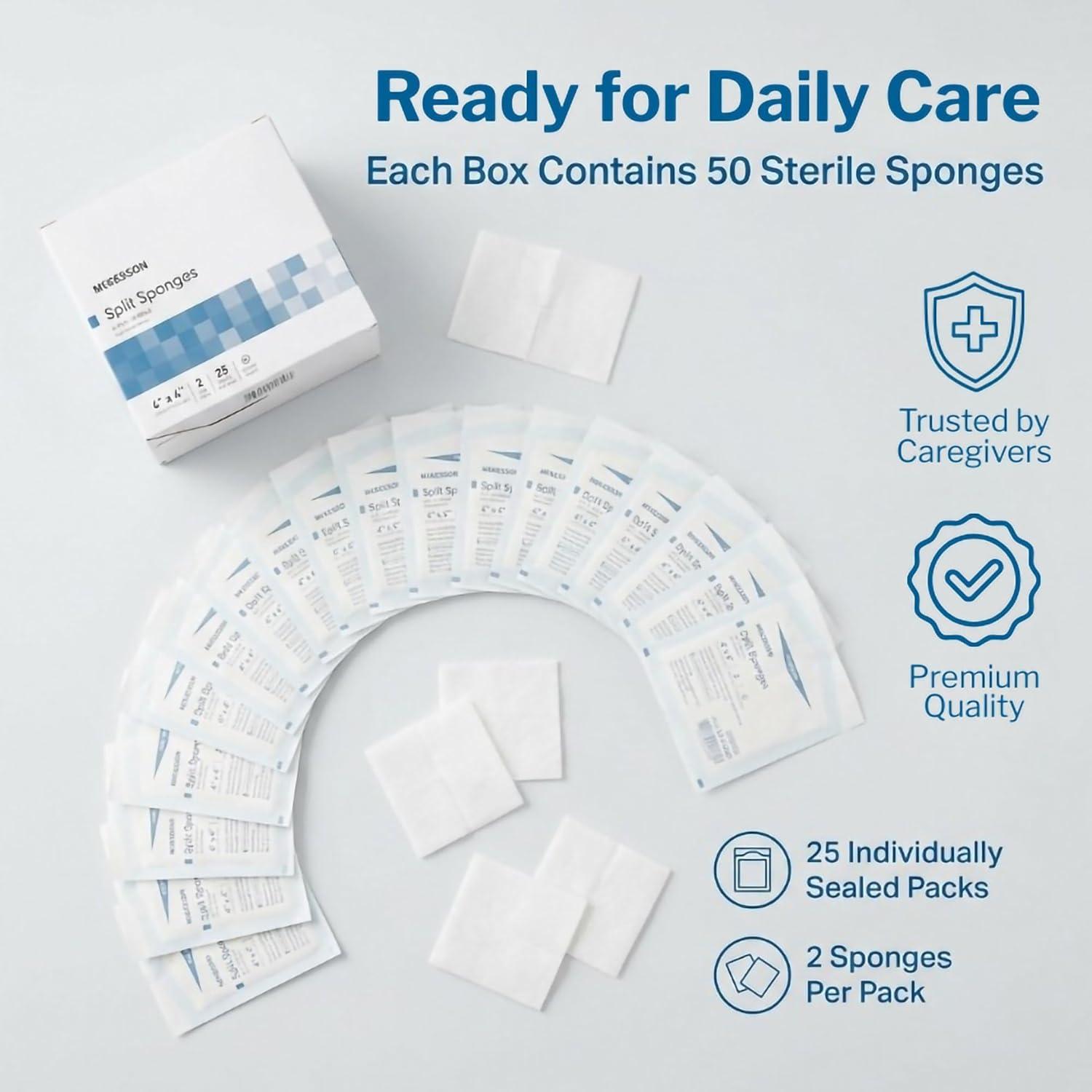 image:imageMcKesson High Absorbency Split Gauze Sponges 4x4 Inch 50 Sponges 25 Packs of 2 6Ply Sterile Tracheostomy amp Tube Dressings PreCut Slit for Drainage amp Catheters 2 per Pack4 X 4 Inch 50 ct