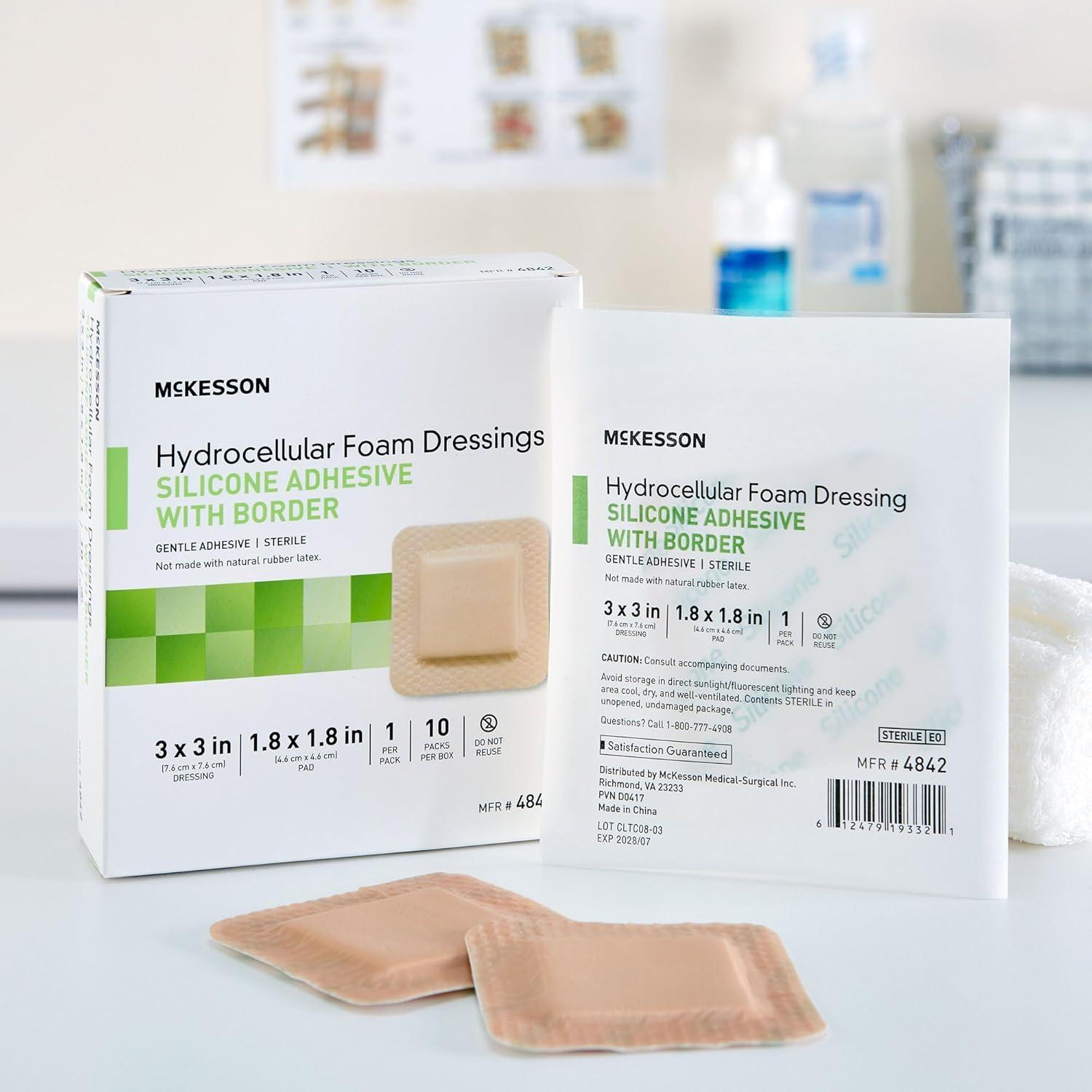 image:imageMcKesson Hydrocellular Foam Dressings Sterile Silicone Adhesive with Border Dimension 3 in x 3 in Pad 1 45 in x 1 45 in 10 Count 1 Pack