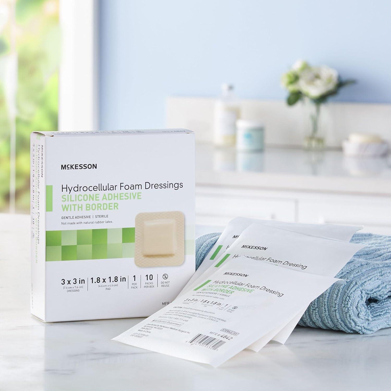 image:imageMcKesson Hydrocellular Foam Dressings Sterile Silicone Adhesive with Border Dimension 3 in x 3 in Pad 1 45 in x 1 45 in 10 Count 1 Pack