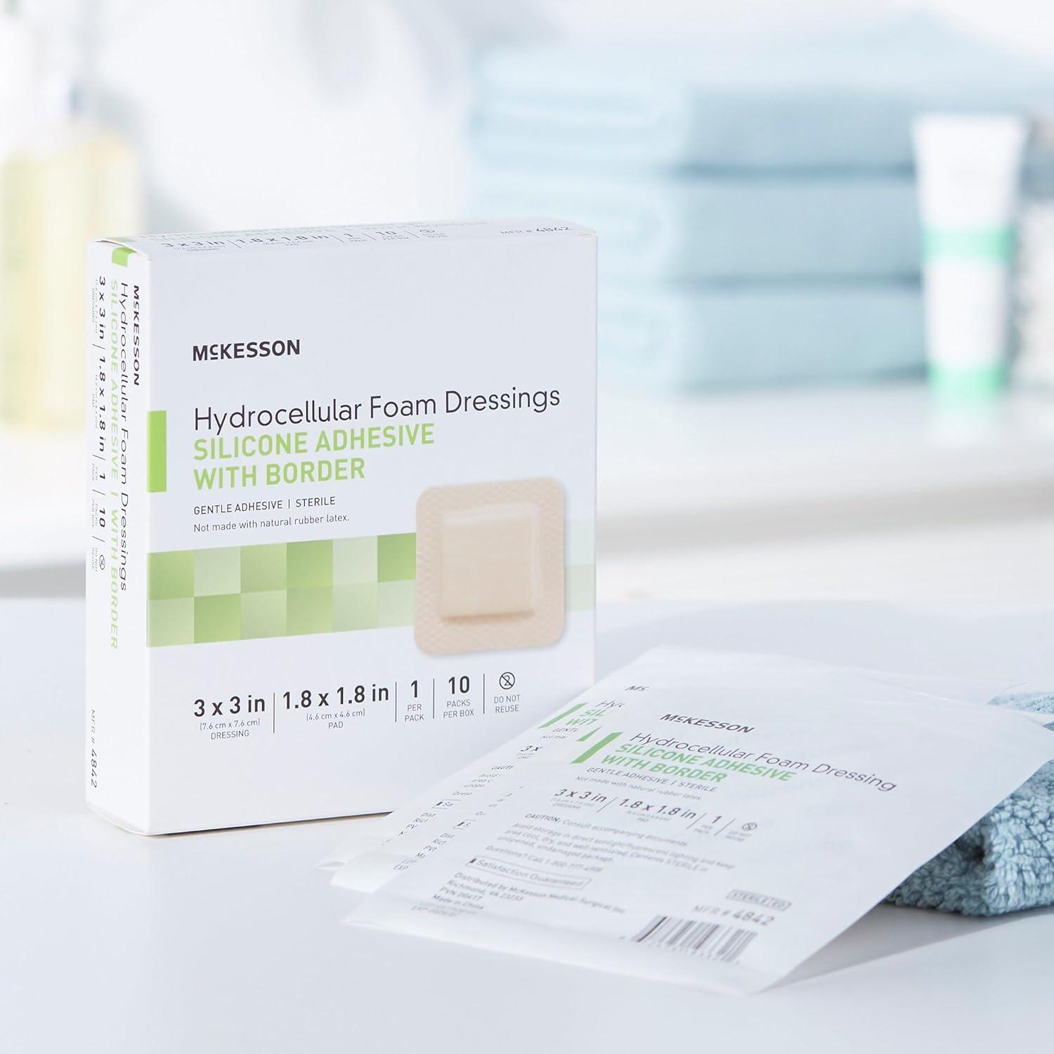 image:imageMcKesson Hydrocellular Foam Dressings Sterile Silicone Adhesive with Border Dimension 3 in x 3 in Pad 1 45 in x 1 45 in 10 Count 1 Pack