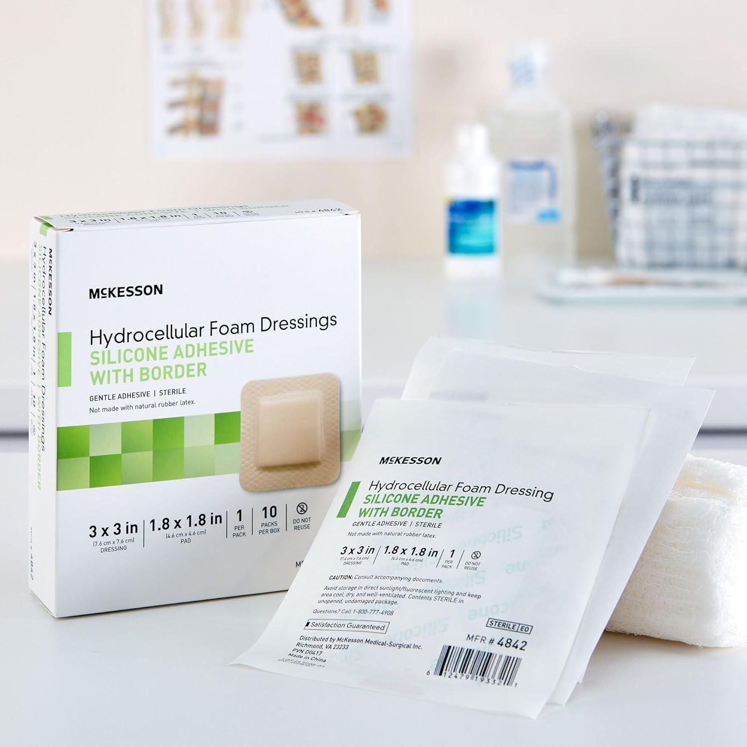 image:imageMcKesson Hydrocellular Foam Dressings Sterile Silicone Adhesive with Border Dimension 3 in x 3 in Pad 1 45 in x 1 45 in 10 Count 1 Pack