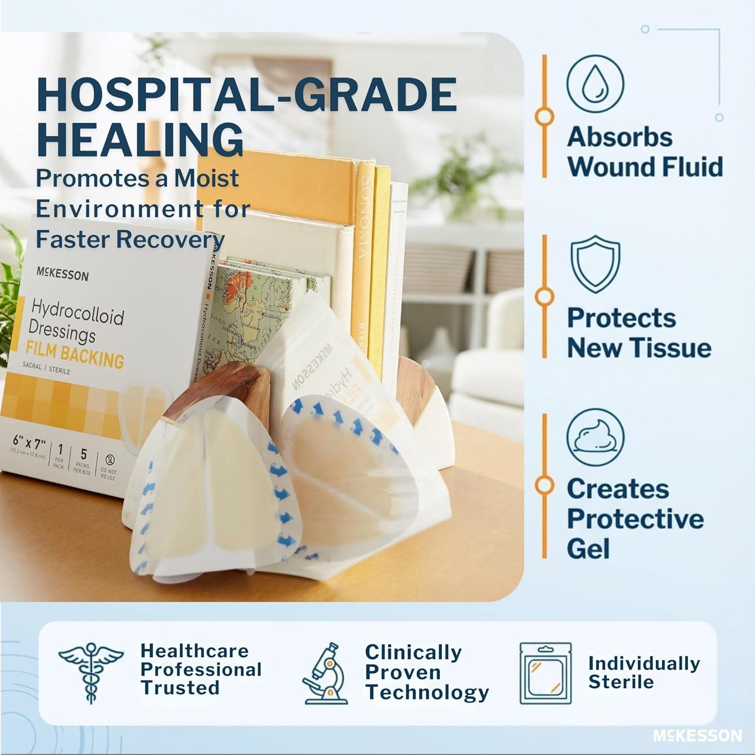 image:imageMcKesson Hydrocolloid Dressing Sterile Sacral Film Backing 5 Dressings SelfAdhesive Sterile Bandage Waterproof Patch for Bed Sore Mild Burn Blister Acne Care 6 in x 7 in6 x 7 Inch