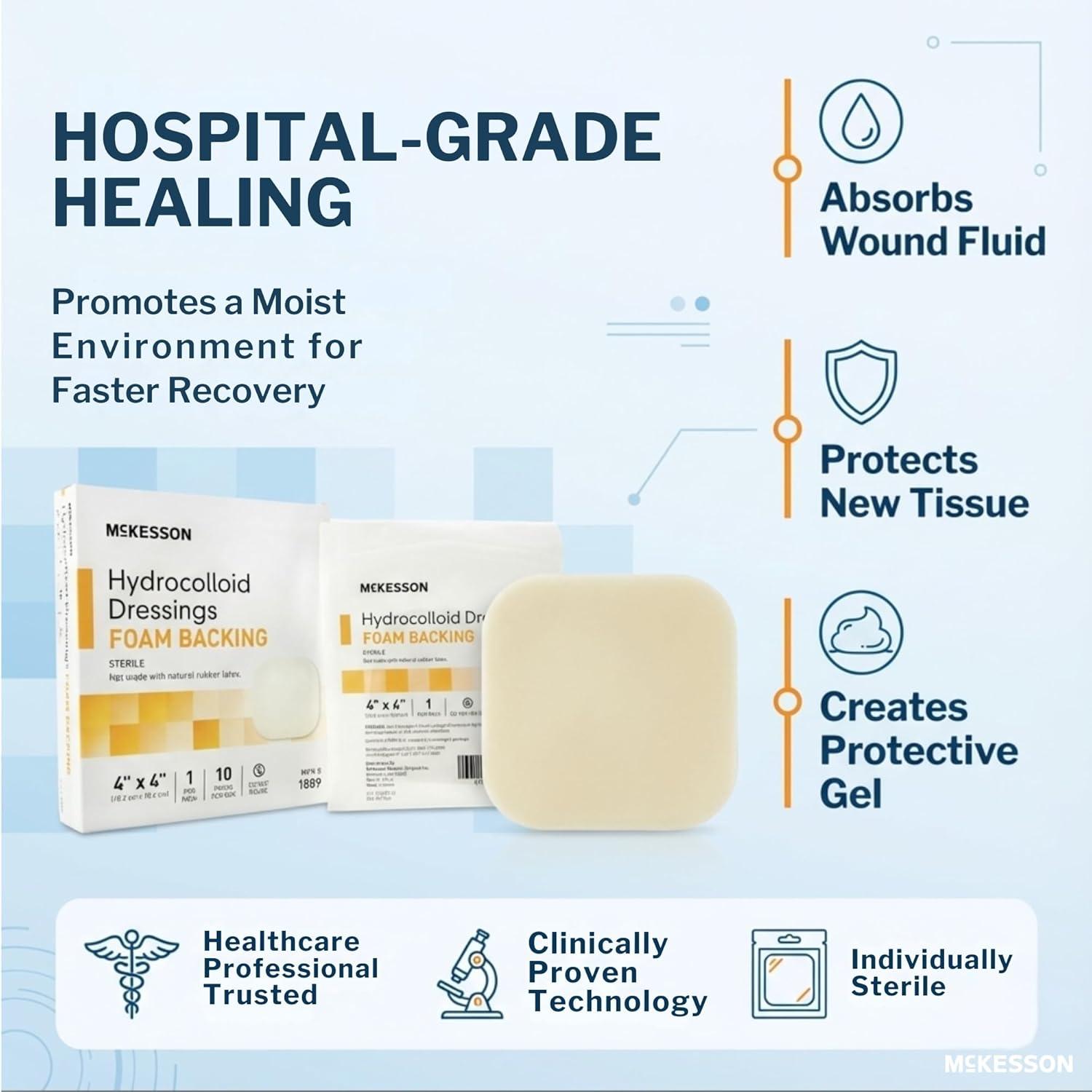 image:imageMcKesson Hydrocolloid Dressings with Foam Backing Sterile 10 Boxes 100 Dressings Total SelfAdhesive Sterile Bandage Waterproof Patch for Bed Sore Mild Burn Blister Acne Care 4 in x 4 in6 x 6 Inch