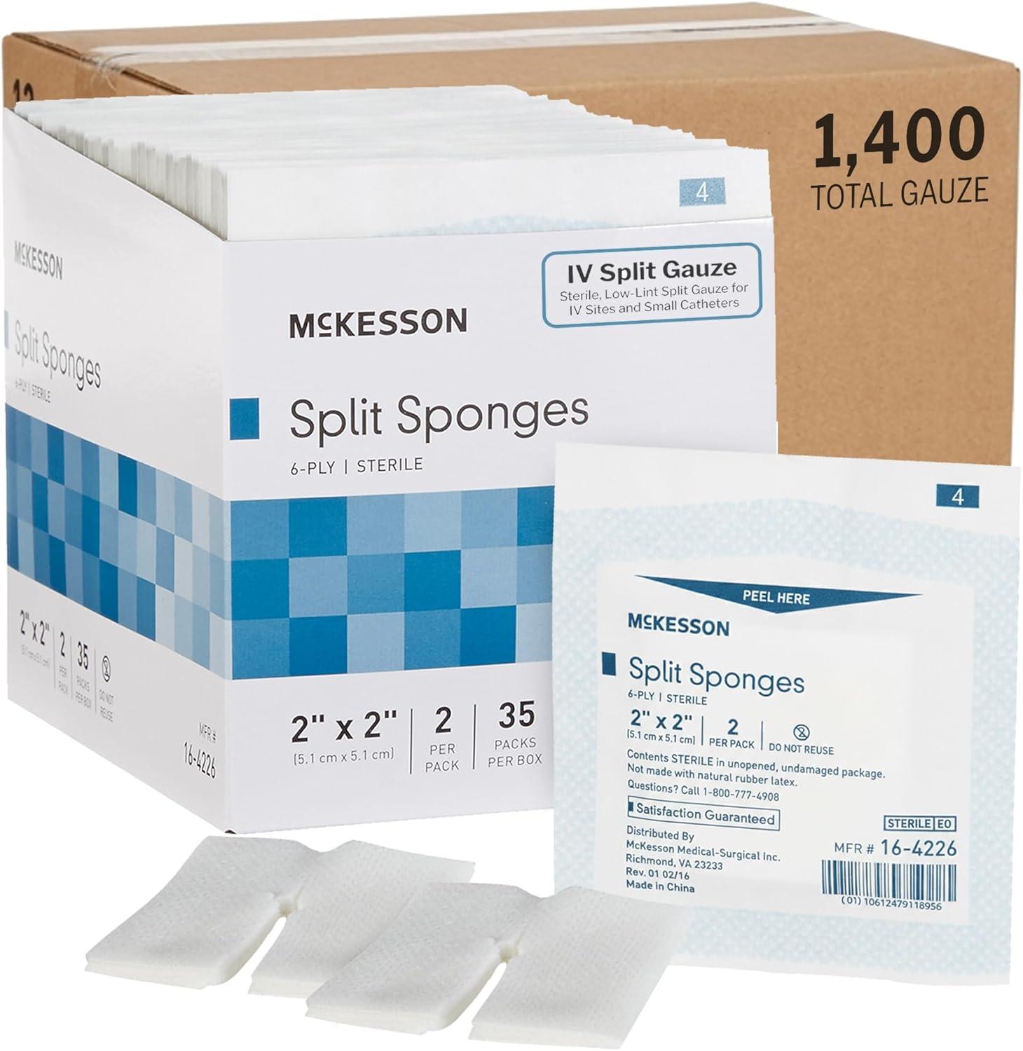 image:imageMcKesson IV Gauze Pads 2x2 Inch Sterile Split Sponges 1400 Sponges 20 Box Bulk LowLint Dressing for IV Sites Injection Ports amp Small Catheters 2 per Pack2x2 Inch