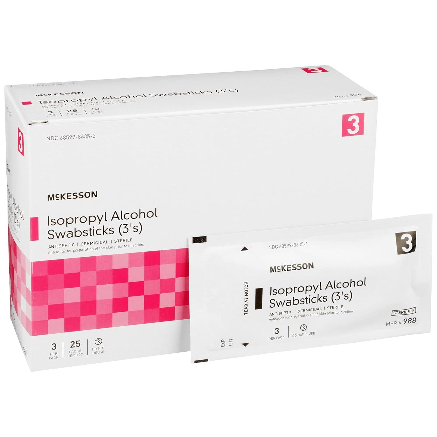 image:imageMcKesson Isopropyl Alcohol Swabsticks 75 Swabs Sterile Individual Wrapped 3 Per Packs 25 Packs