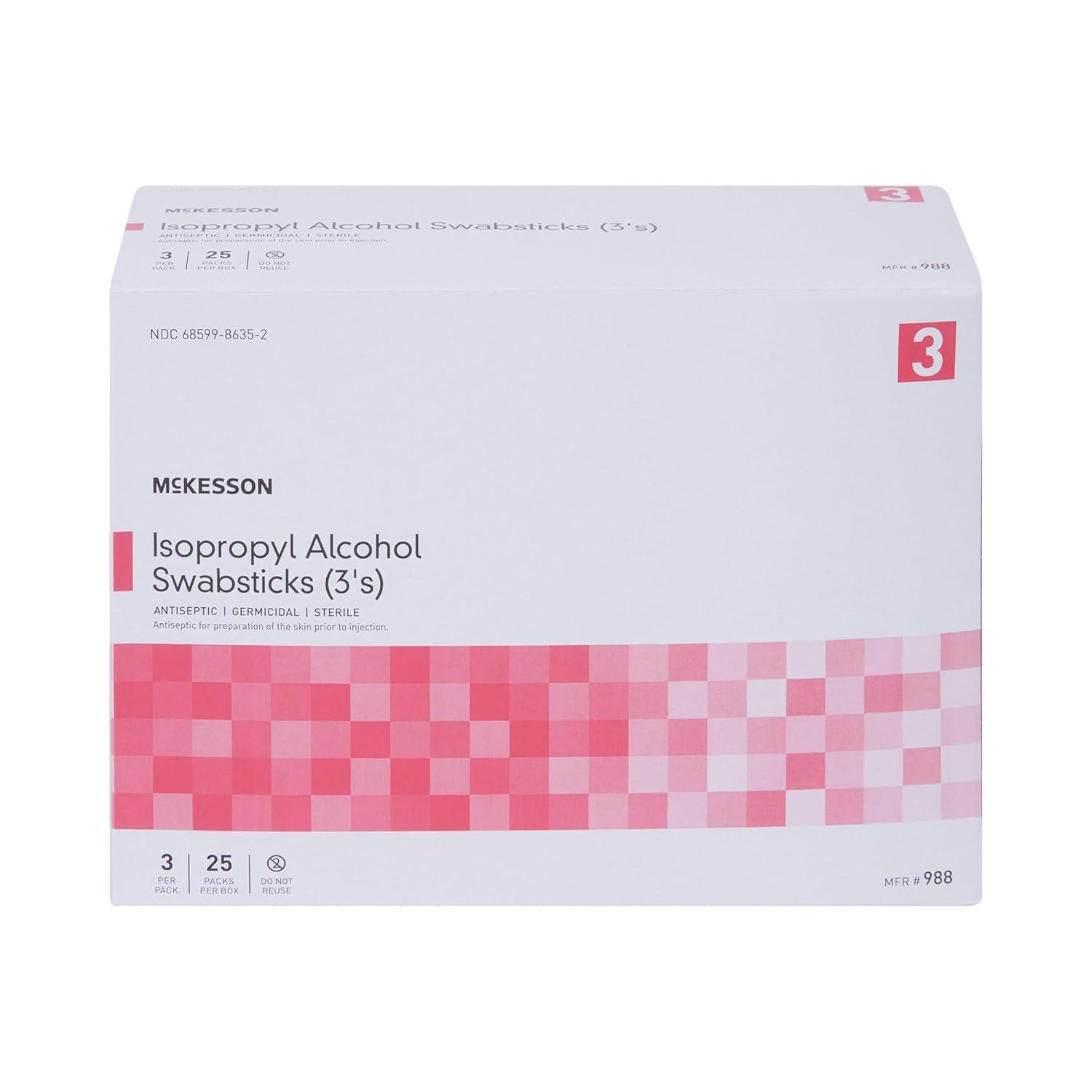 image:imageMcKesson Isopropyl Alcohol Swabsticks 75 Swabs Sterile Individual Wrapped 3 Per Packs 25 Packs