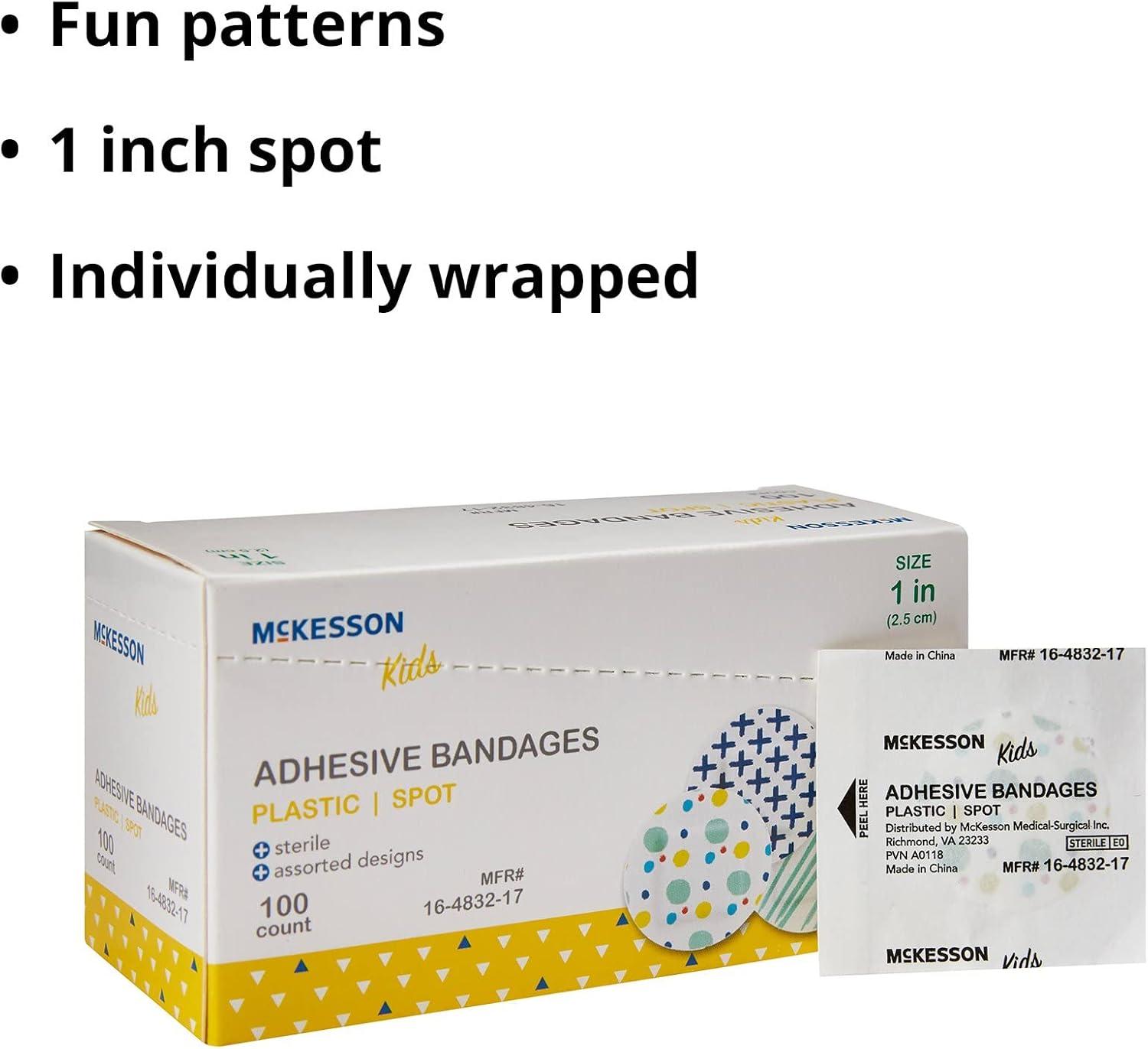 image:imageMcKesson Kids Adhesive Bandages Sterile Plastic Spot Assorted Print 1 in 100 Count 1 Pack
