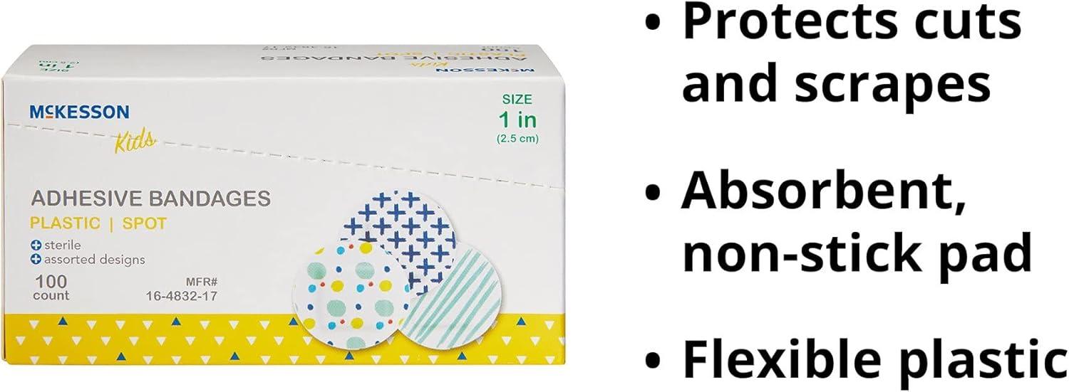 image:imageMcKesson Kids Adhesive Bandages Sterile Plastic Spot Assorted Print 1 in 100 Count 1 Pack