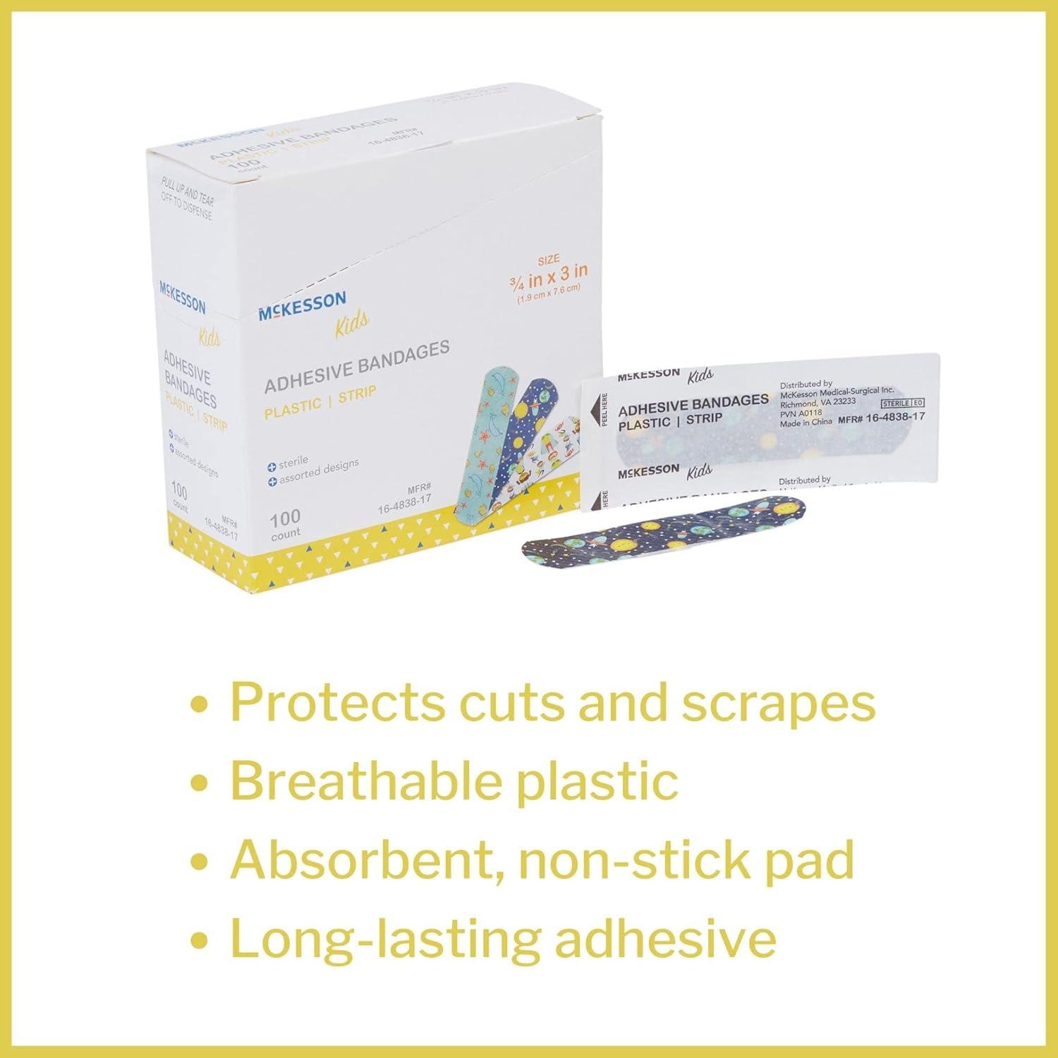 image:imageMcKesson Kids Adhesive Bandages Sterile Plastic Strip Assorted Prints 34 in x 3 in 100 Count 24 Packs 2400 Total