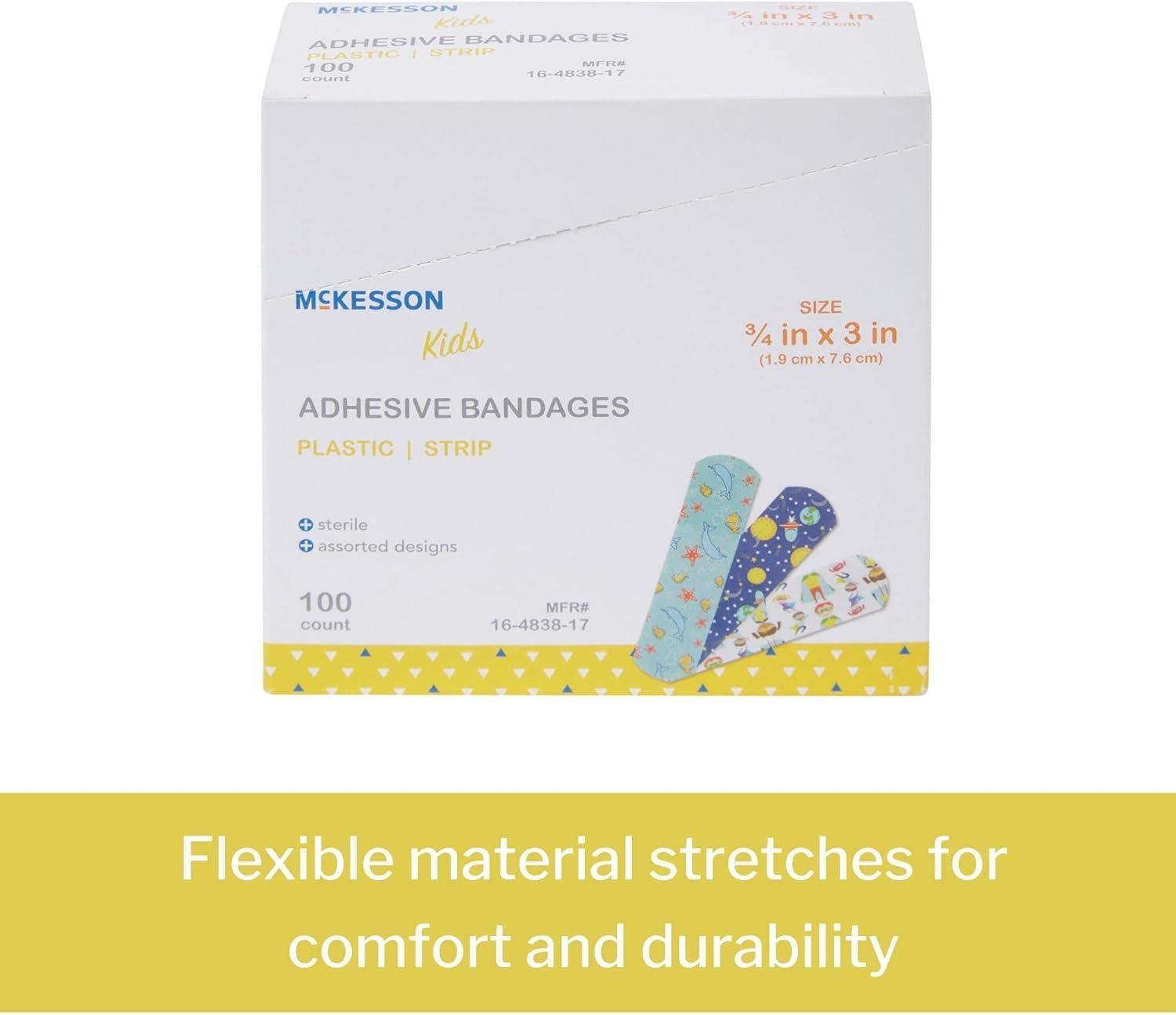 image:imageMcKesson Kids Adhesive Bandages Sterile Plastic Strip Assorted Prints 34 in x 3 in 100 Count 24 Packs 2400 Total