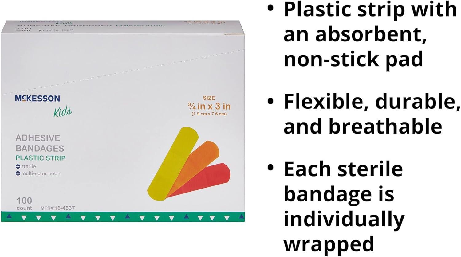 image:imageMcKesson Kids Adhesive Bandages Sterile Plastic Strip Neon 34 in x 3 in 100 Count 1 Pack