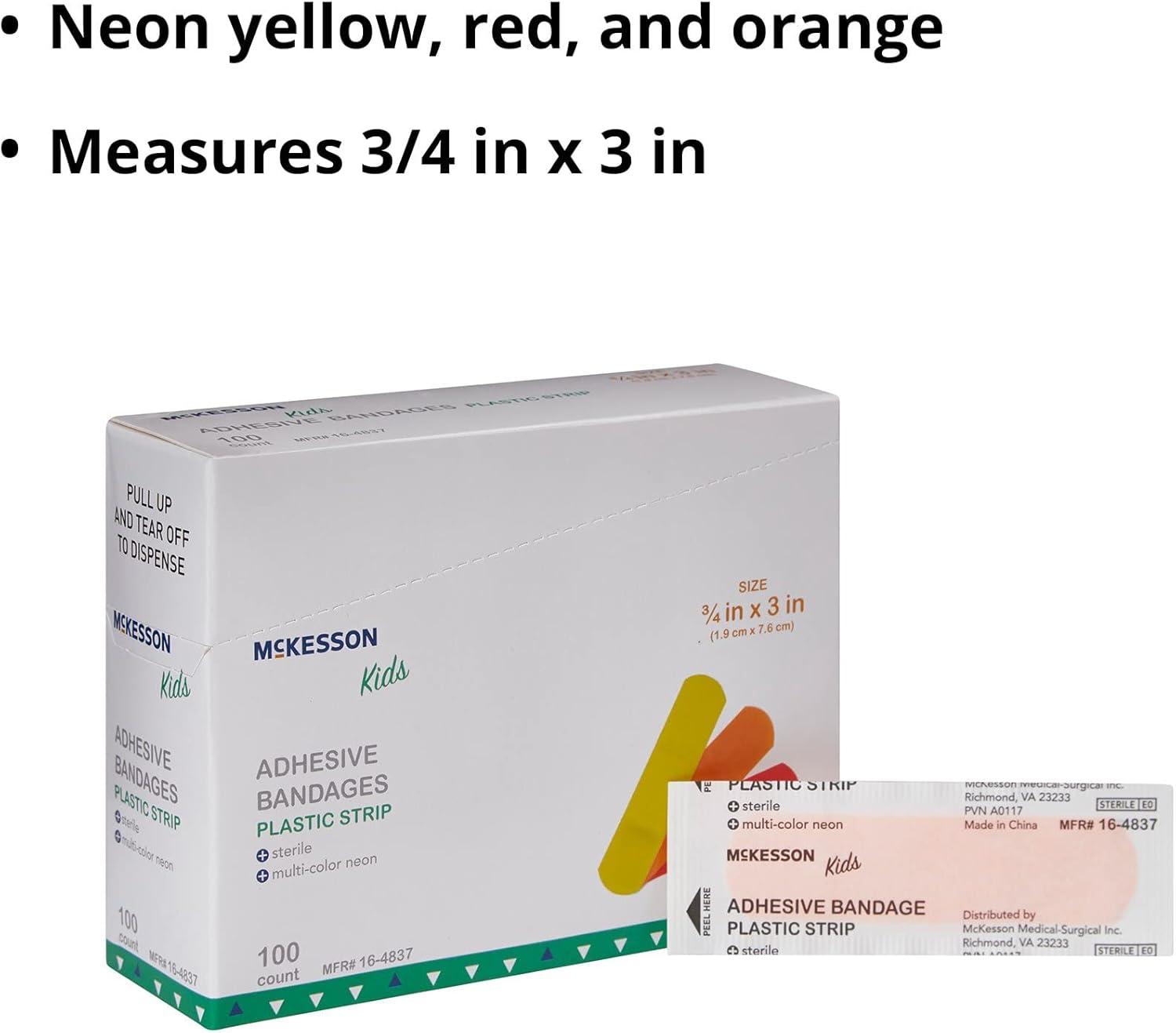 image:imageMcKesson Kids Adhesive Bandages Sterile Plastic Strip Neon 34 in x 3 in 100 Count 24 Packs 2400 Total