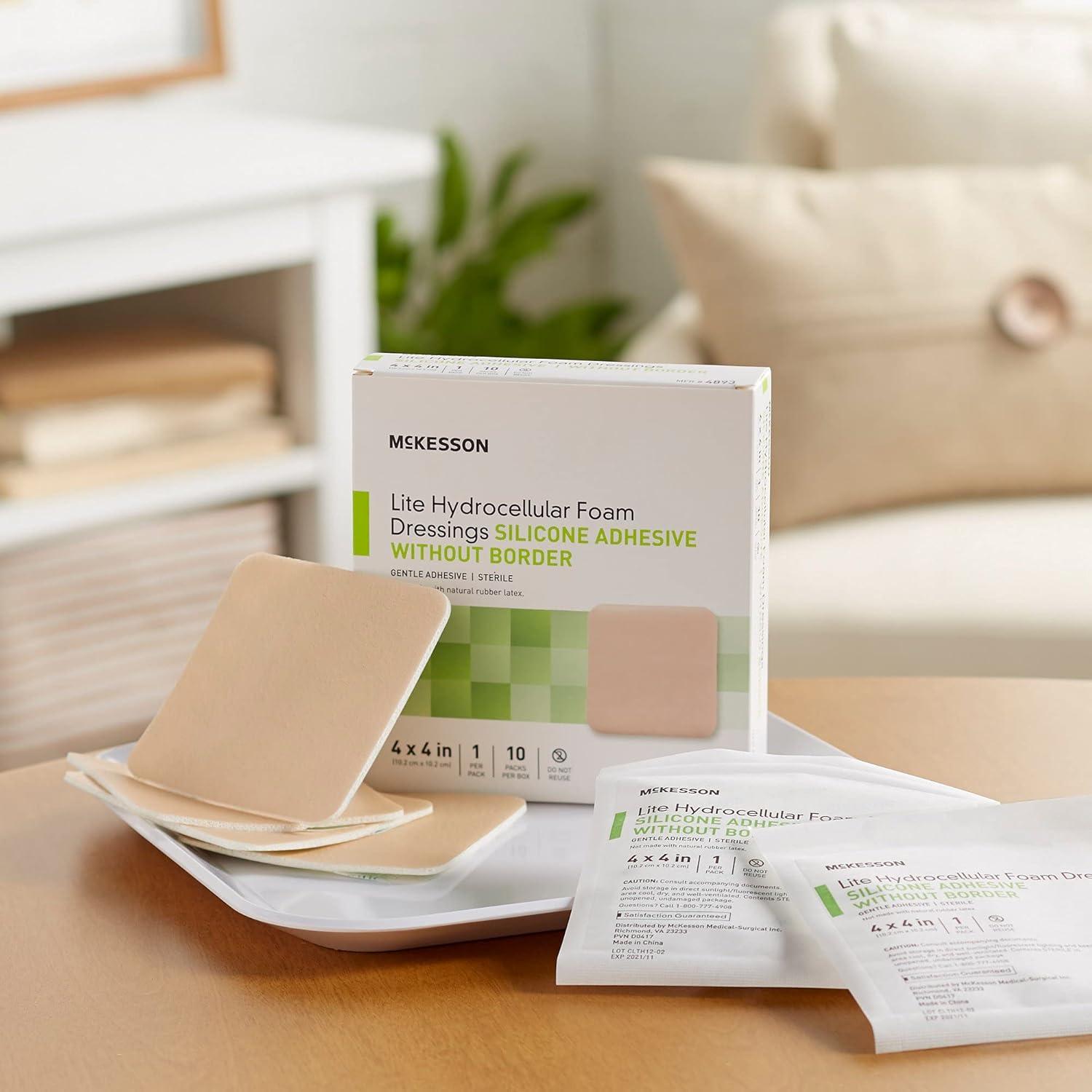 image:imageMcKesson Lite Hydrocellular Foam Dressings Sterile Silicone Adhesive Without Border 3 in x 3 in 10 Count 20 Packs 200 Total4 X 4 Inch 200 Count