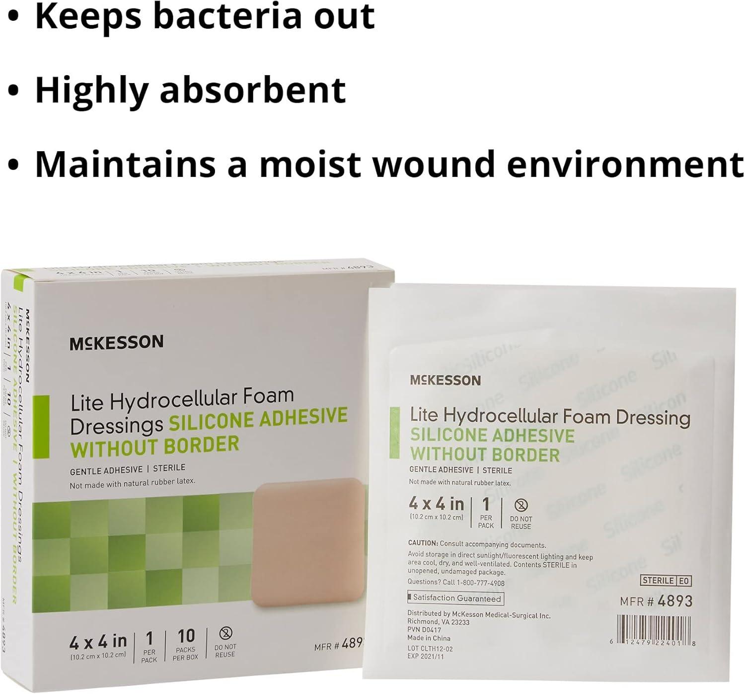 image:imageMcKesson Lite Hydrocellular Foam Dressings Sterile Silicone Adhesive Without Border 3 in x 3 in 10 Count 20 Packs 200 Total4 X 4 Inch 200 Count