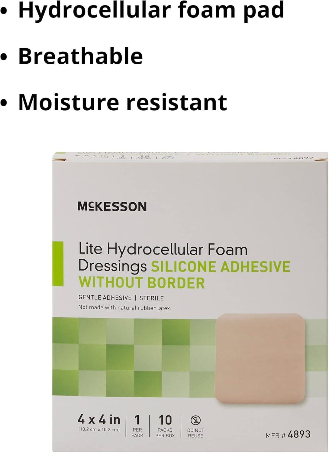 image:imageMcKesson Lite Hydrocellular Foam Dressings Sterile Silicone Adhesive Without Border 3 in x 3 in 10 Count 20 Packs 200 Total4 X 4 Inch 200 Count