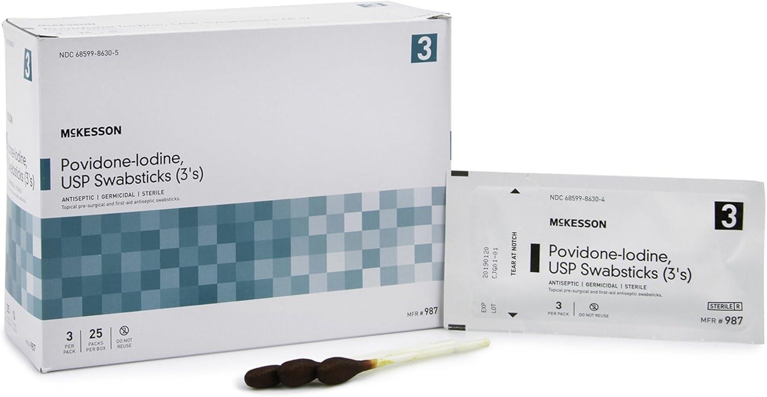 image:imageMcKesson Povidone Iodine 10 Swabs Stick 75 Sticks Sterile Swabsticks Topical PreSurgical and First Aid 3 Per Pack 25 Packs75 ct