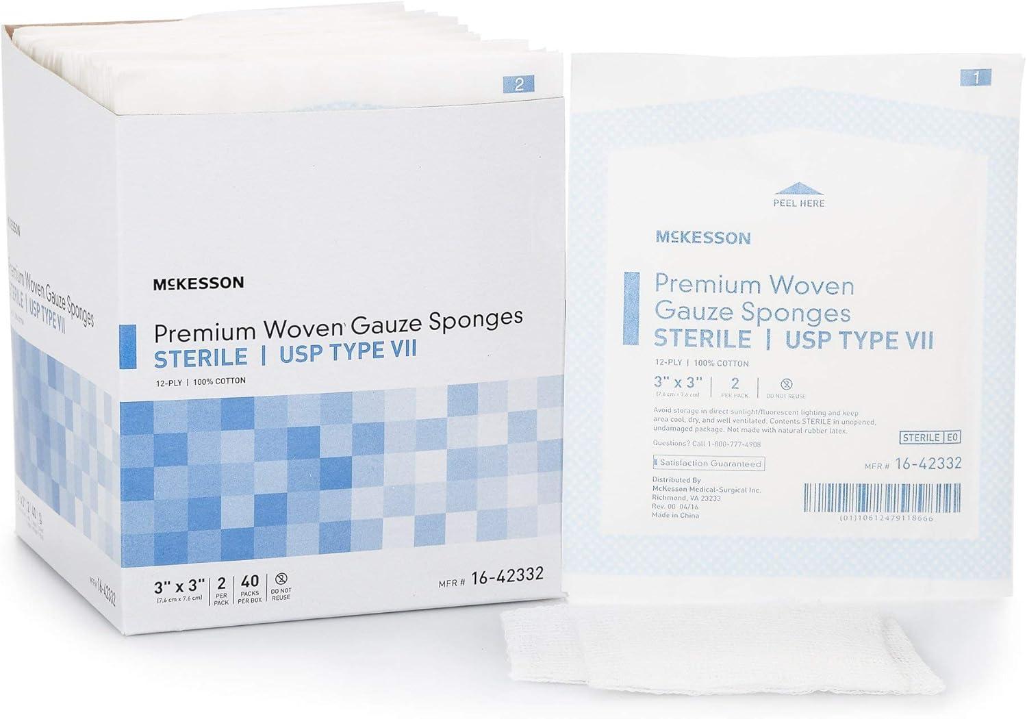 image:imageMcKesson Premium Woven Gauze Sponges Sterile 12Ply USP Type VII 100 Cotton 3 in x 3 in 2 per Pack 40 Packs 80 Total
