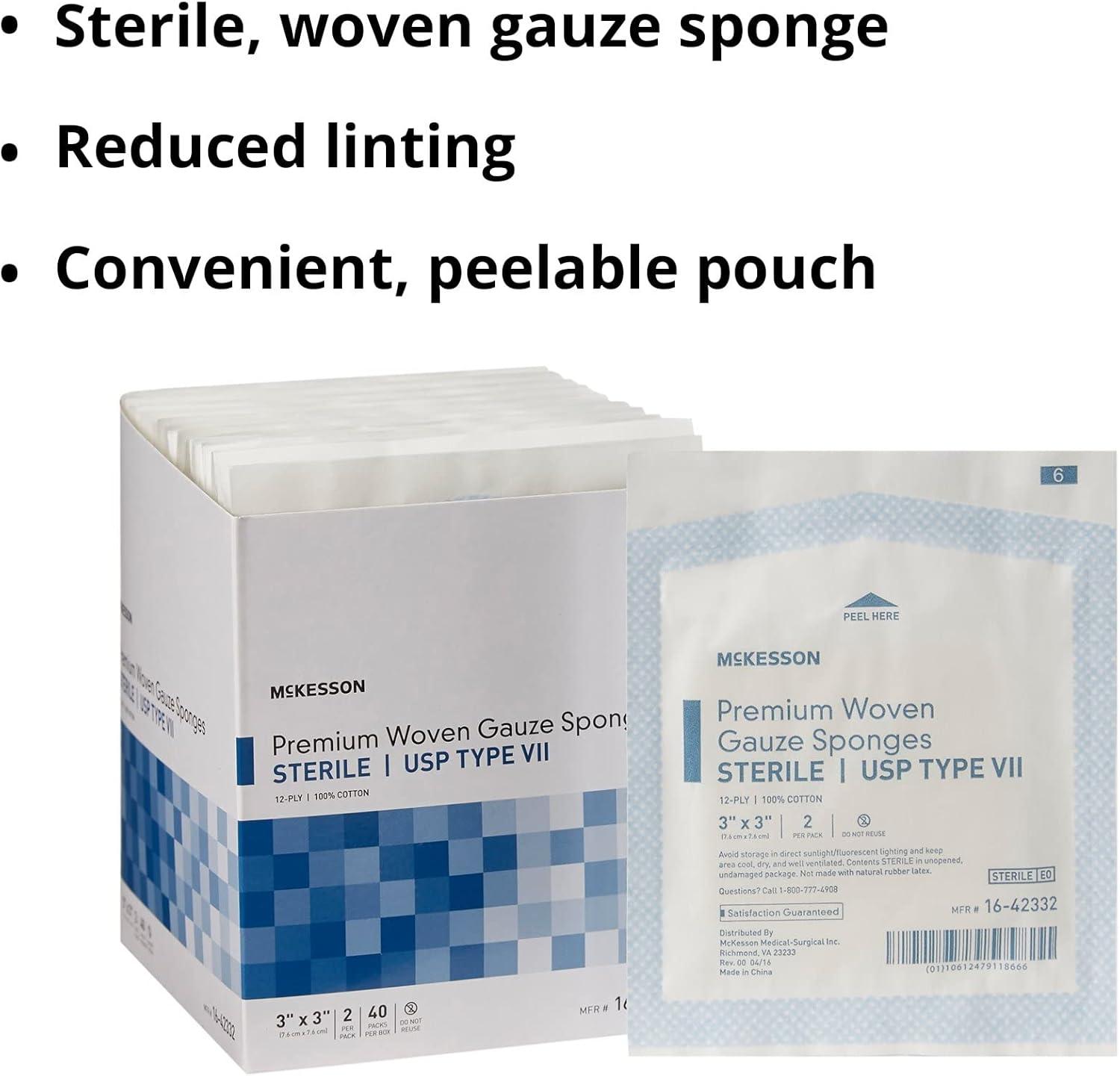 image:imageMcKesson Premium Woven Gauze Sponges Sterile 12Ply USP Type VII 100 Cotton 3 in x 3 in 2 per Pack 40 Packs 80 Total
