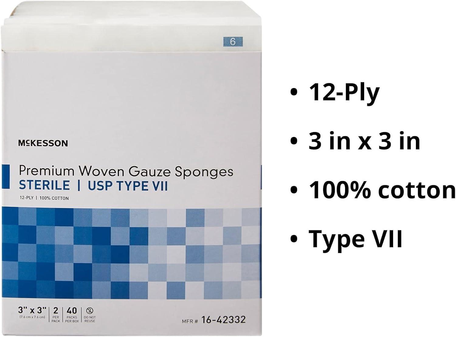 image:imageMcKesson Premium Woven Gauze Sponges Sterile 12Ply USP Type VII 100 Cotton 3 in x 3 in 2 per Pack 40 Packs 80 Total