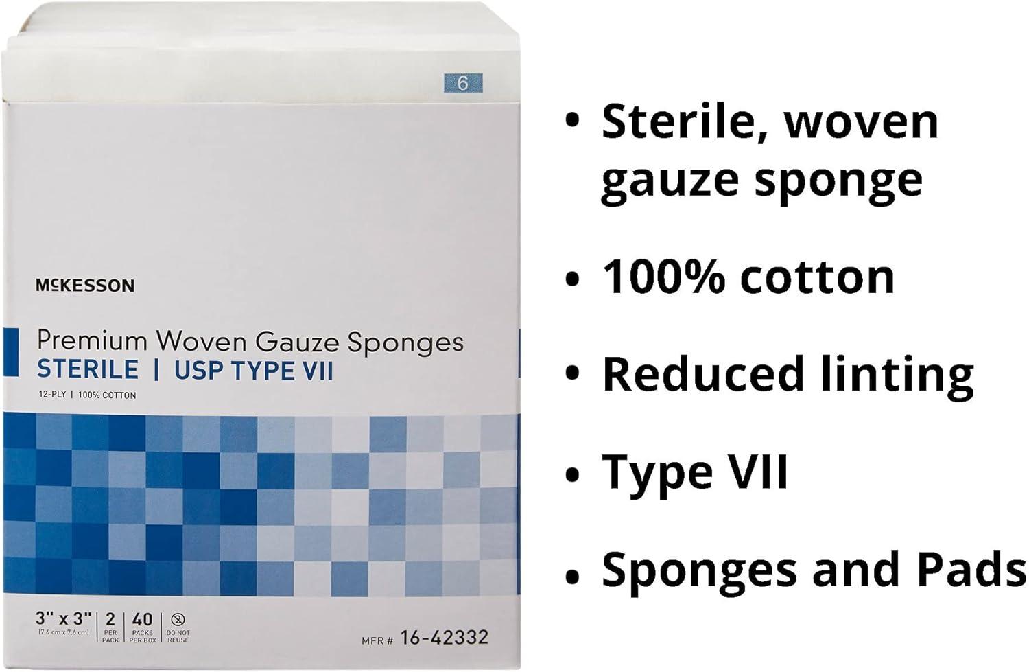 image:imageMcKesson Premium Woven Gauze Sponges Sterile 8Ply USP Type VII 100 Cotton 2 in x 2 in 2 per Pack 50 Packs 100 Total2 X 2 Inch 100 Count
