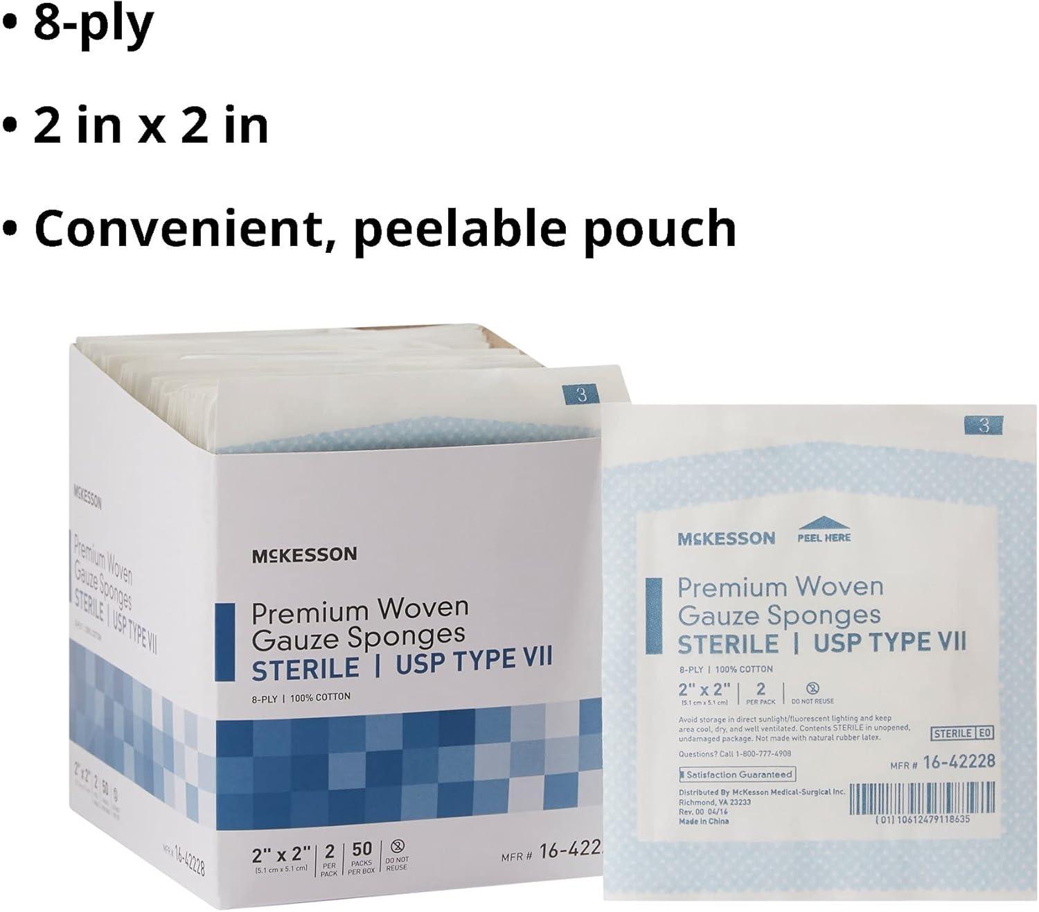 image:imageMcKesson Premium Woven Gauze Sponges Sterile 8Ply USP Type VII 100 Cotton 2 in x 2 in 2 per Pack 50 Packs 100 Total2 X 2 Inch 100 Count