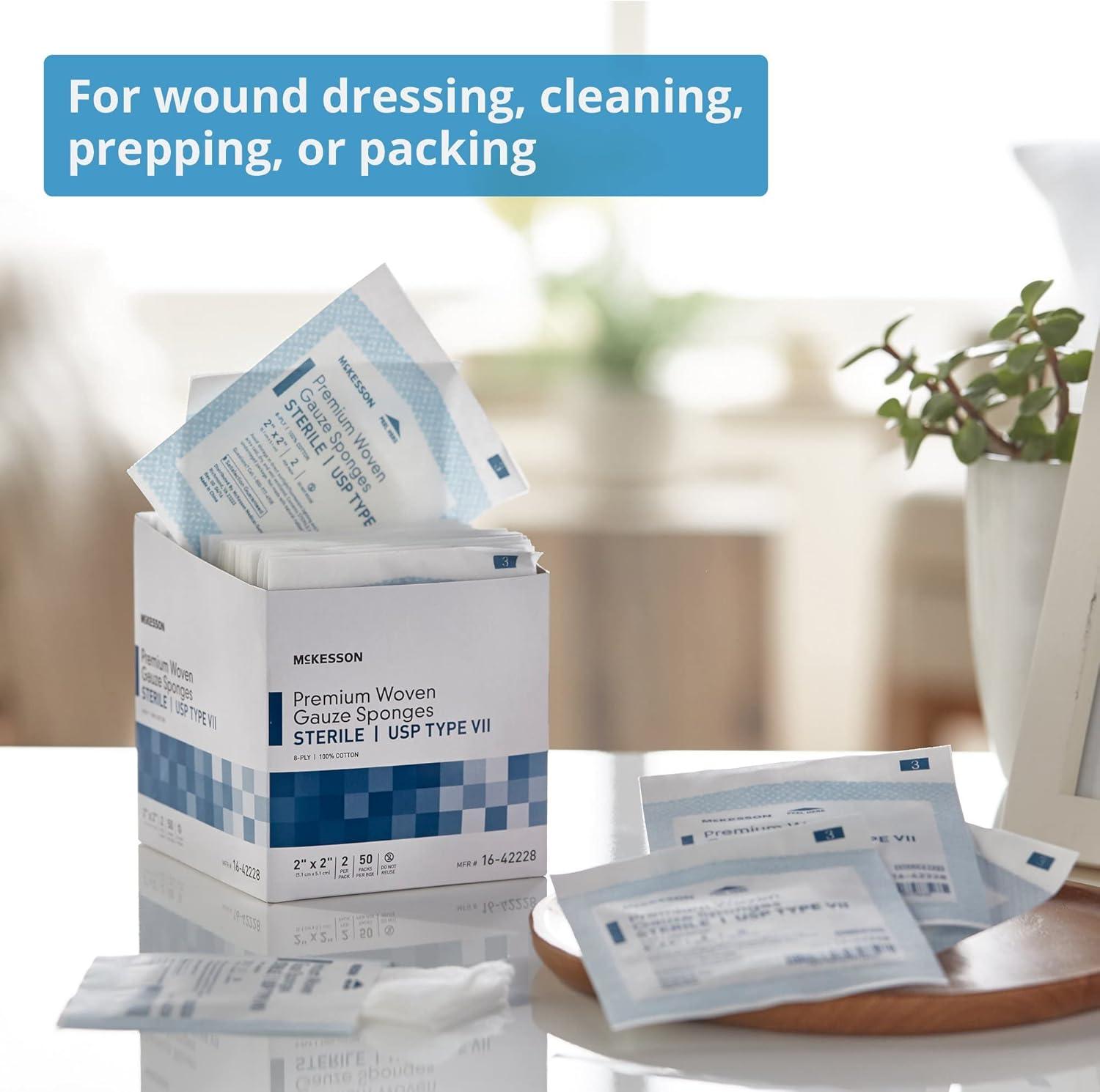 image:imageMcKesson Premium Woven Gauze Sponges Sterile 8Ply USP Type VII 100 Cotton 2 in x 2 in 2 per Pack 50 Packs 100 Total2 X 2 Inch 100 Count