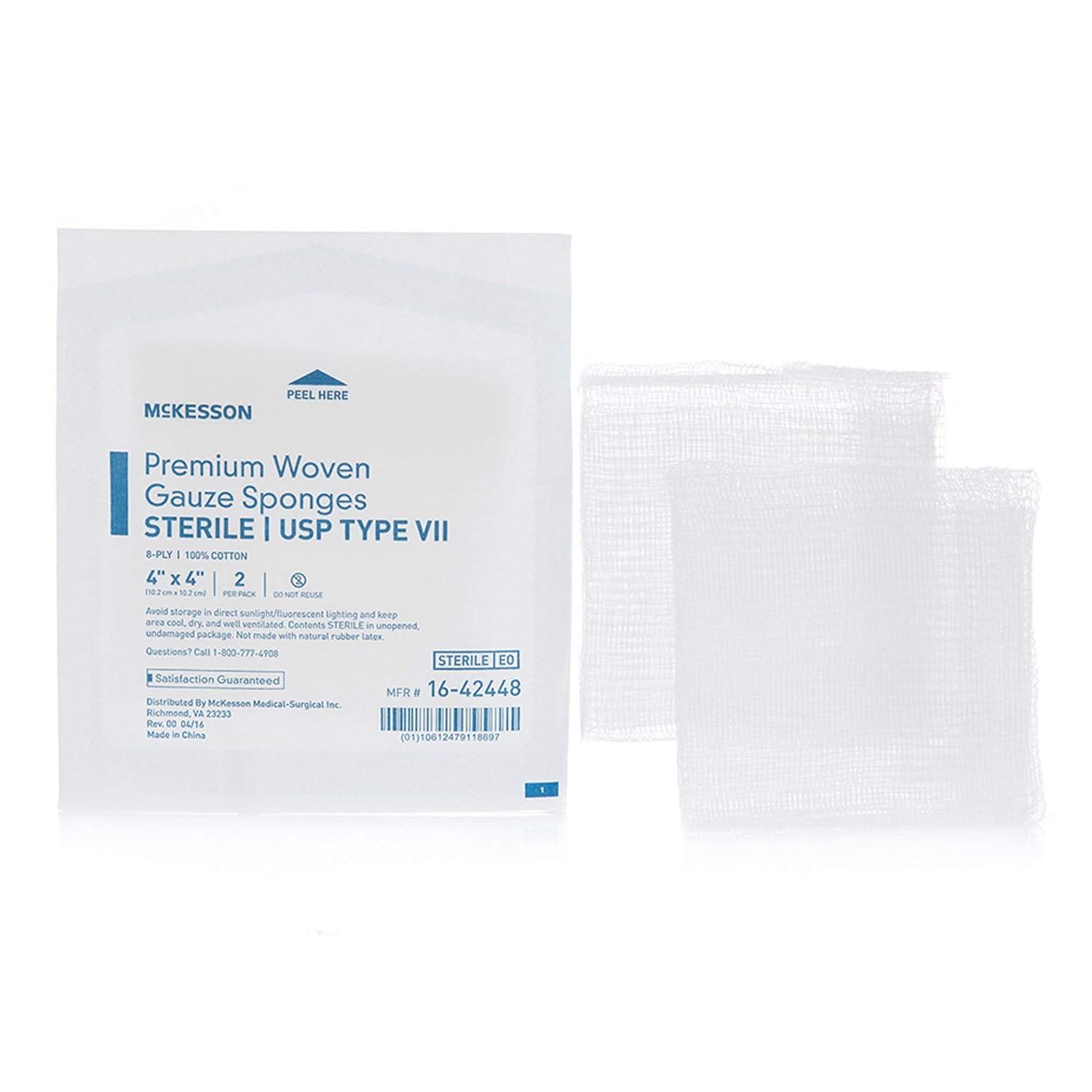 image:imageMcKesson Premium Woven Gauze Sponges Sterile 8Ply USP Type VII 100 Cotton 4 in x 4 in 2 per Pack 50 Packs 100 Total1200