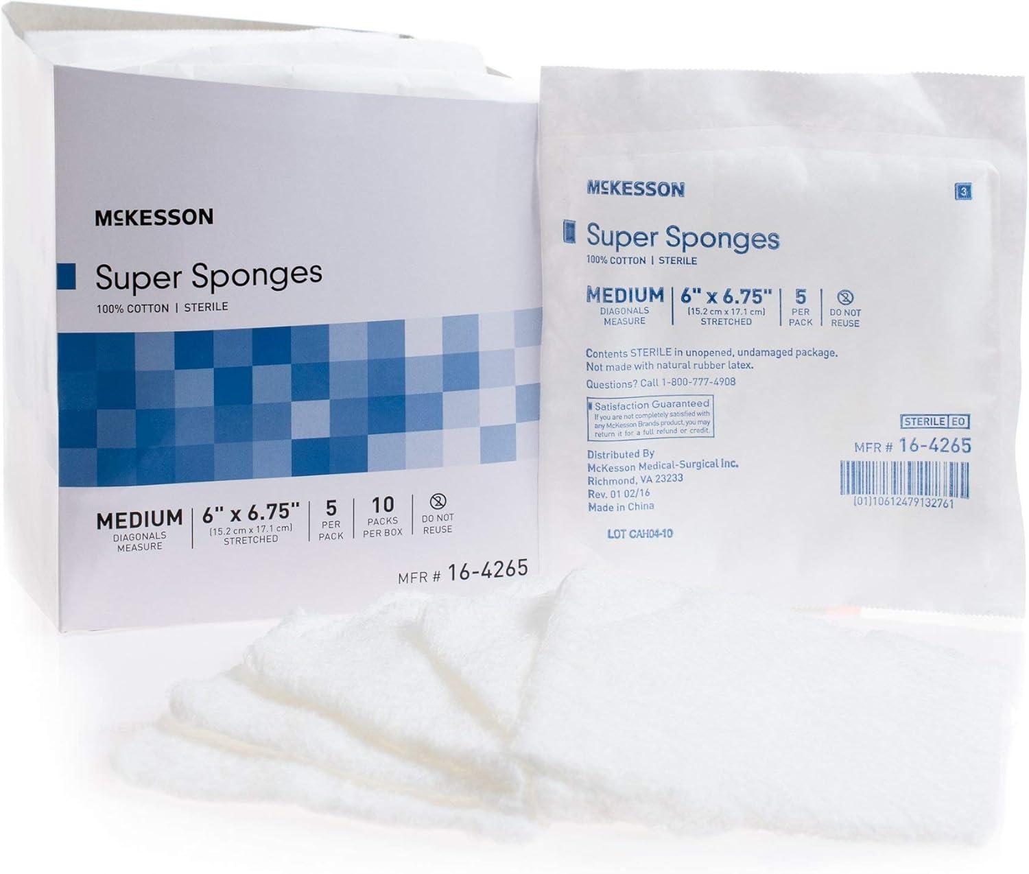 image:imageMcKesson Super Sponges Sterile 100 Cotton Fluff Dressing 6 in x 6 34in 5 per Pack 10 Packs 50 Total6 X 634 Inch 450 ct