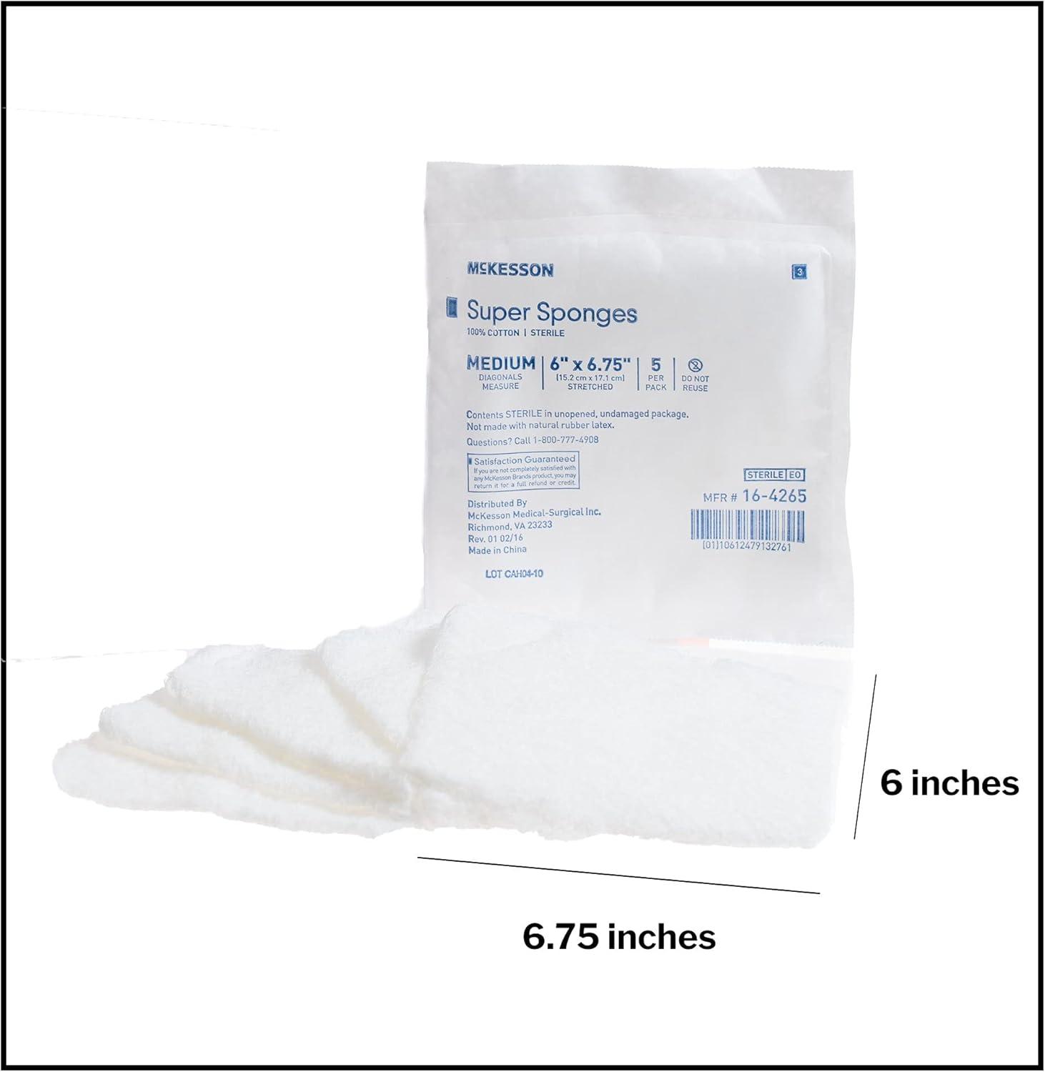image:imageMcKesson Super Sponges Sterile 100 Cotton Fluff Dressing 6 in x 6 34in 5 per Pack 10 Packs 50 Total6 X 634 Inch 450 ct